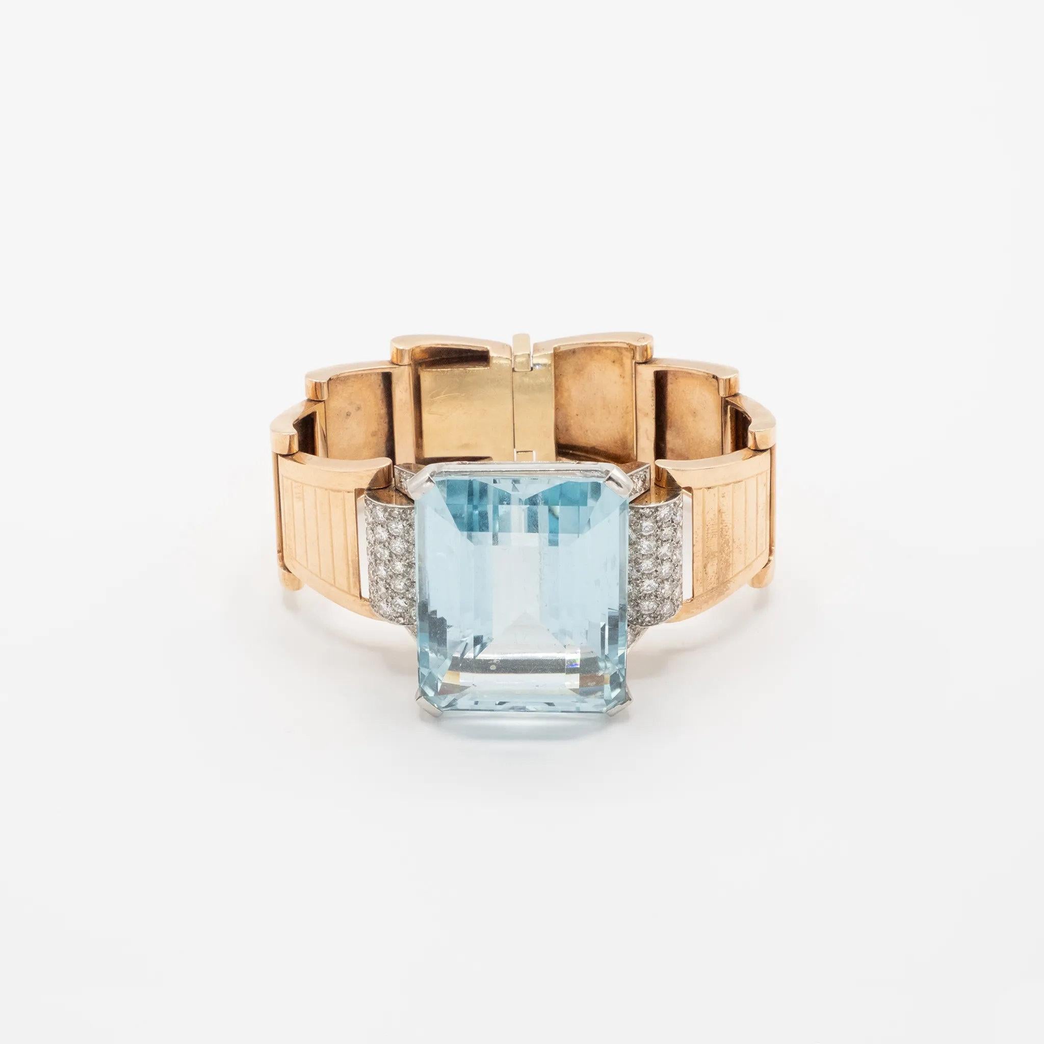 Pulsera Retro de Oro de 18k con Aguamarina y Diamantes - Años 40 en venta 7