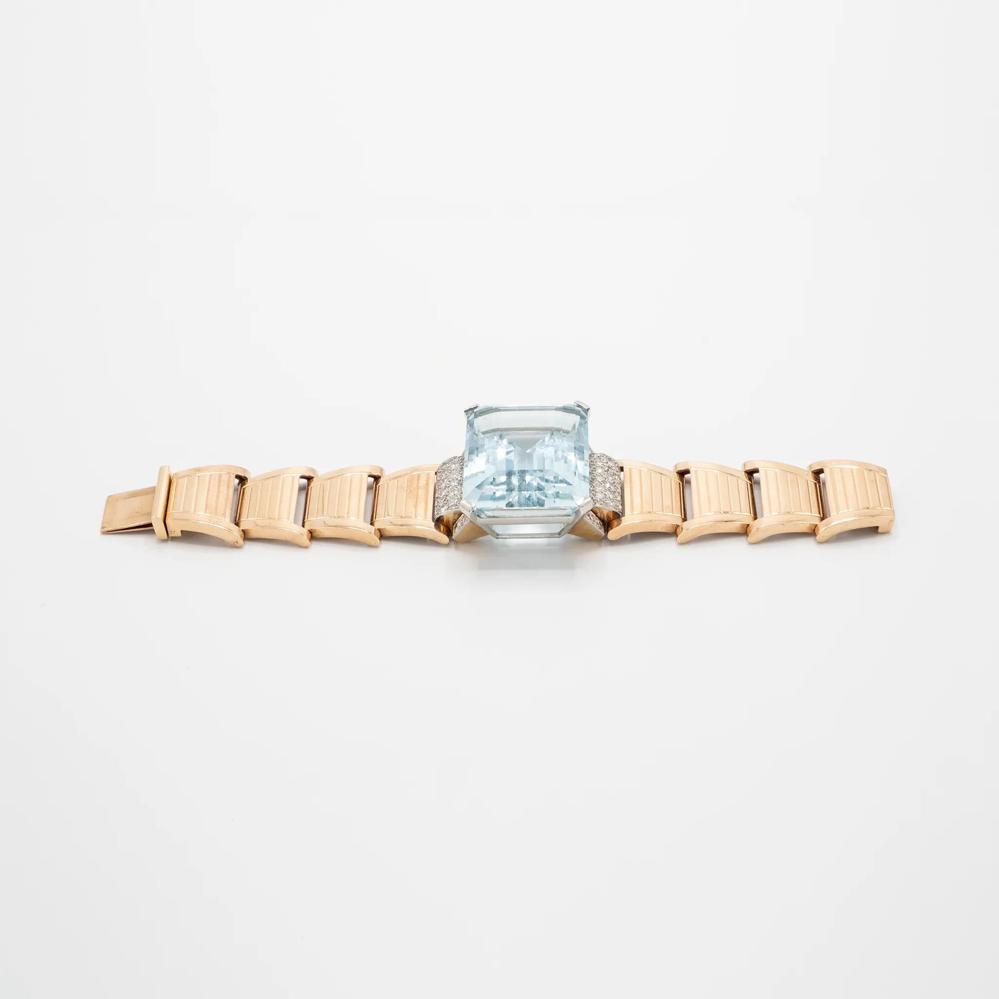 Pulsera Retro de Oro de 18k con Aguamarina y Diamantes - Años 40 en venta 8