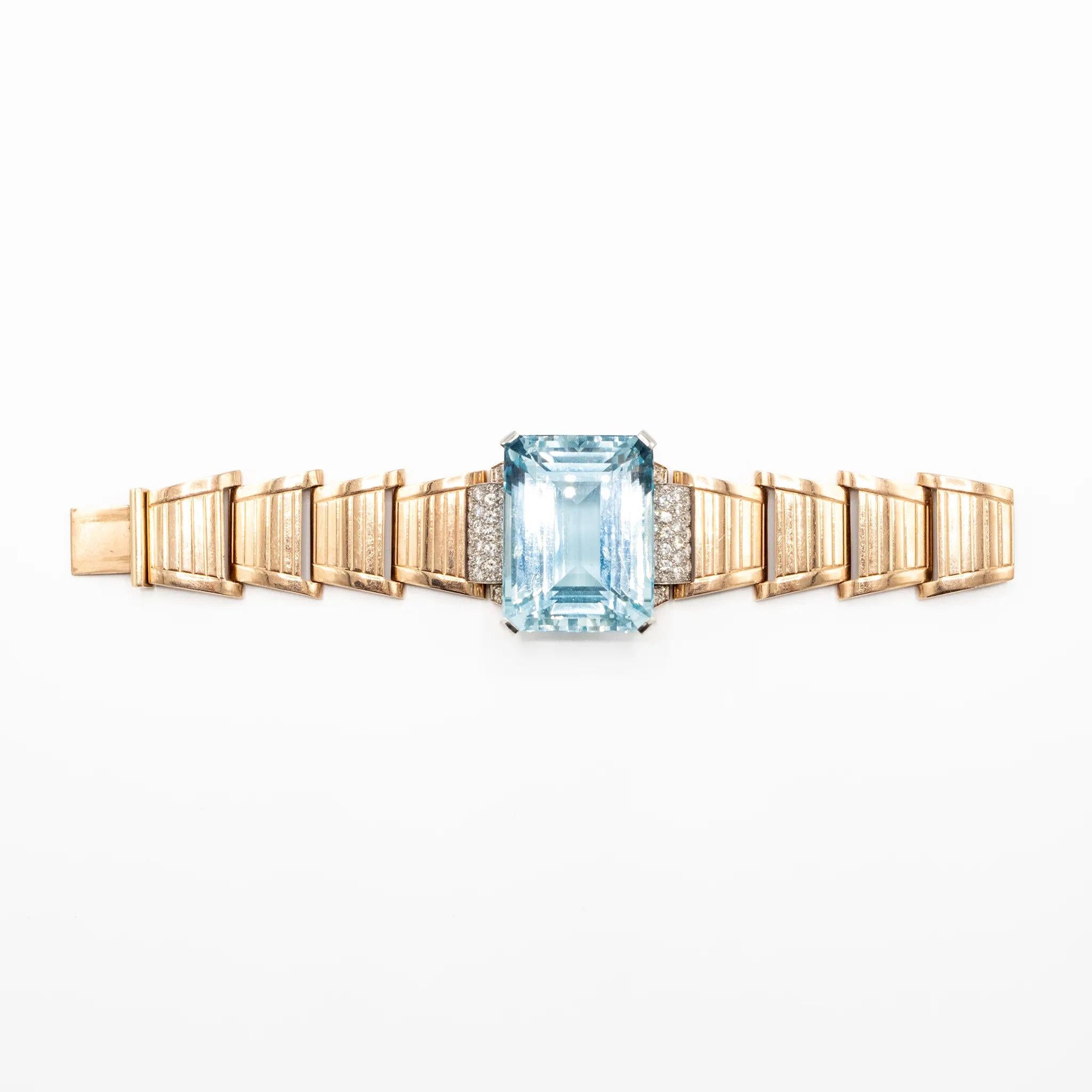 Pulsera Retro de Oro de 18k con Aguamarina y Diamantes - Años 40 en venta 9