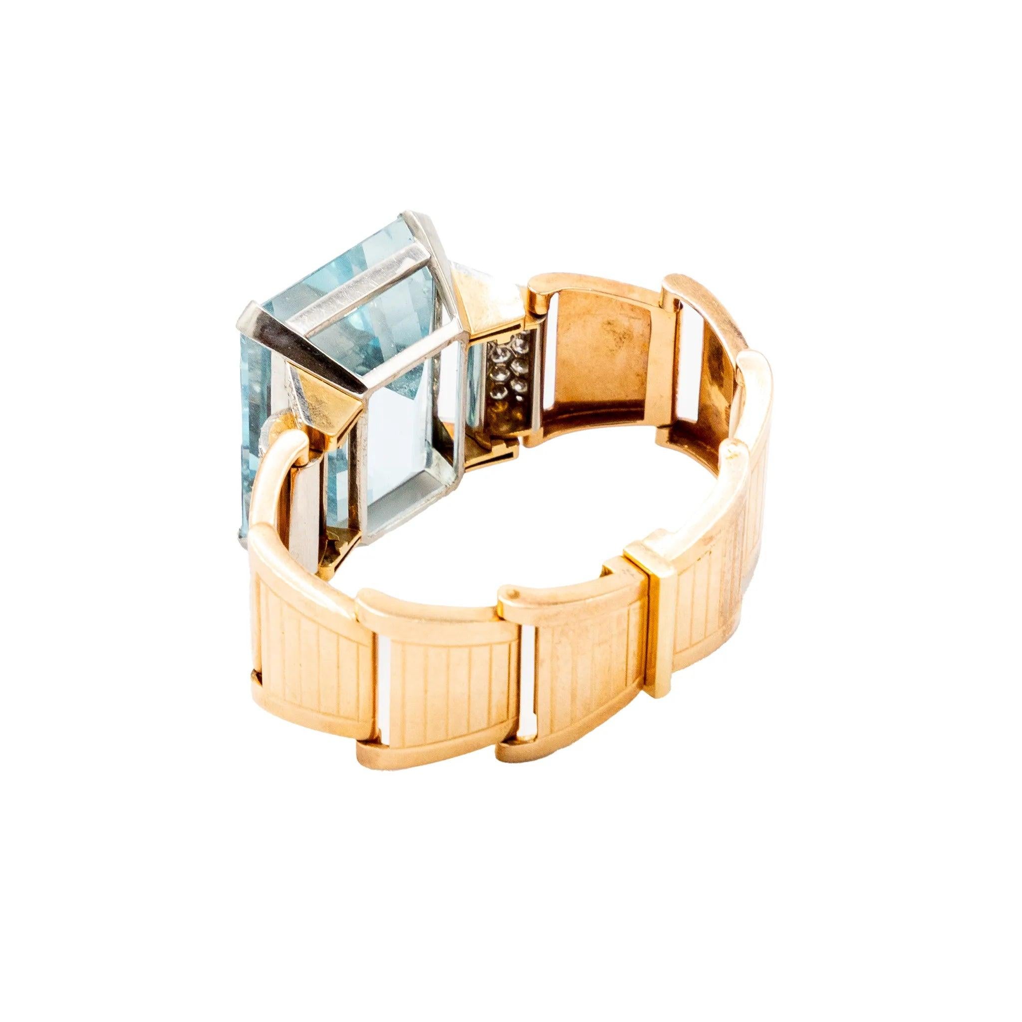 Retro 18k Goldarmband mit Aquamarin und Diamanten - 40er Jahre im Angebot 2