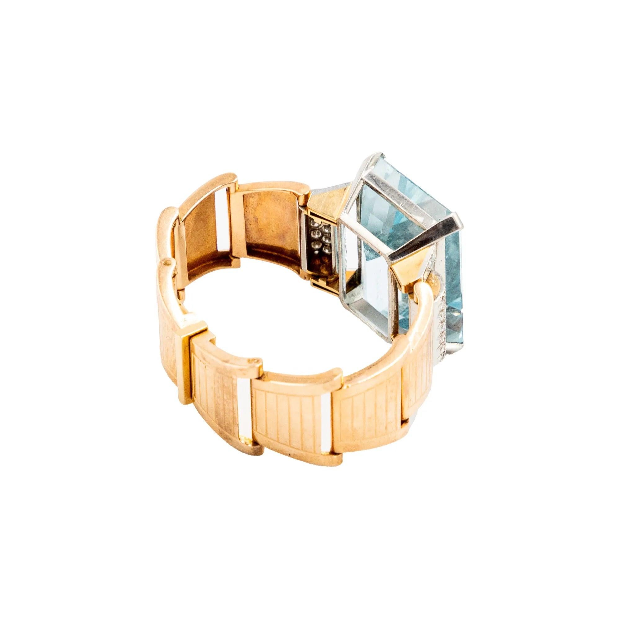 Retro 18k Goldarmband mit Aquamarin und Diamanten - 40er Jahre im Angebot 3