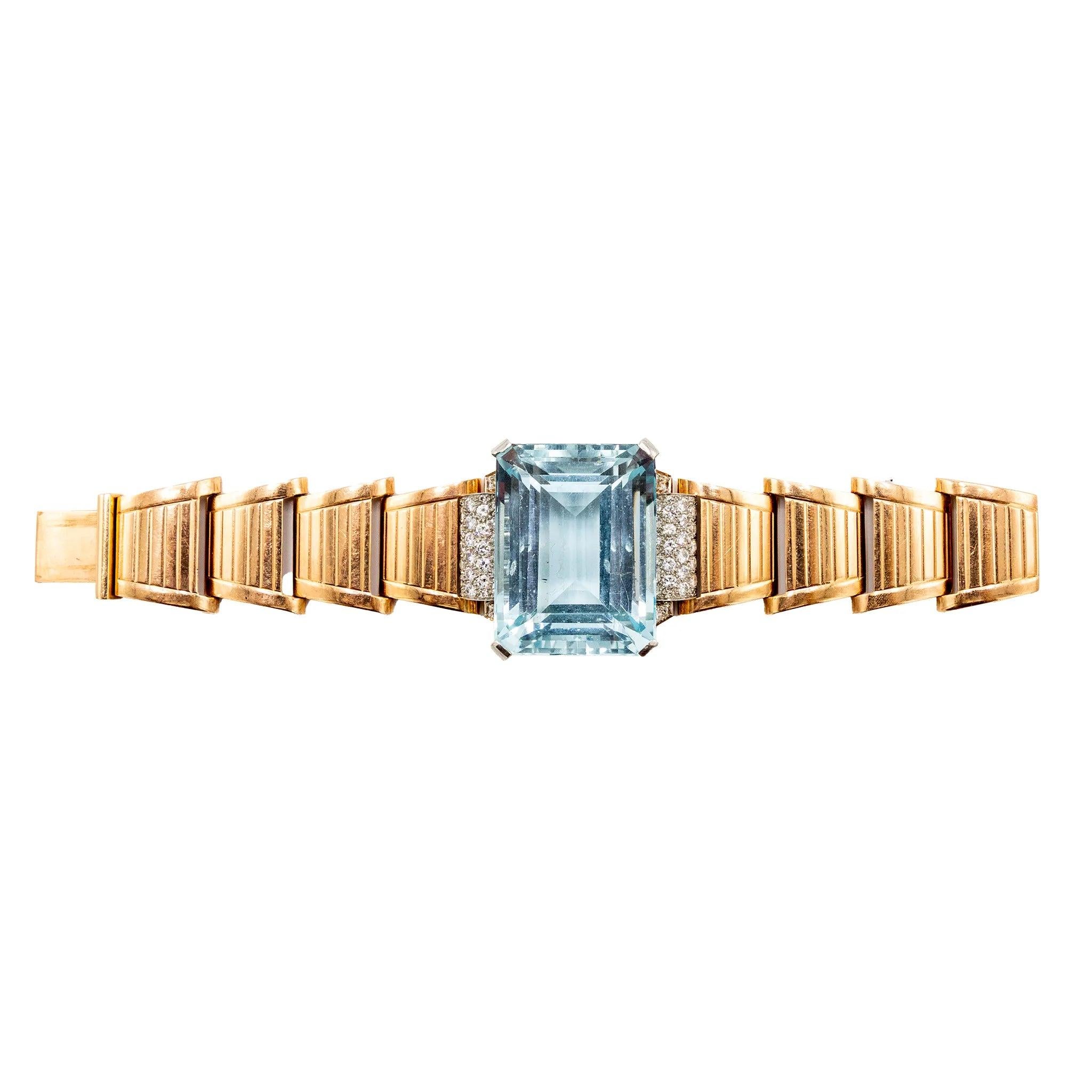 Bracciale retrò in oro 18k con acquamarina e diamanti - anni '40
