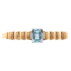 Retro 18k Goldarmband mit Aquamarin und Diamanten - 40er Jahre