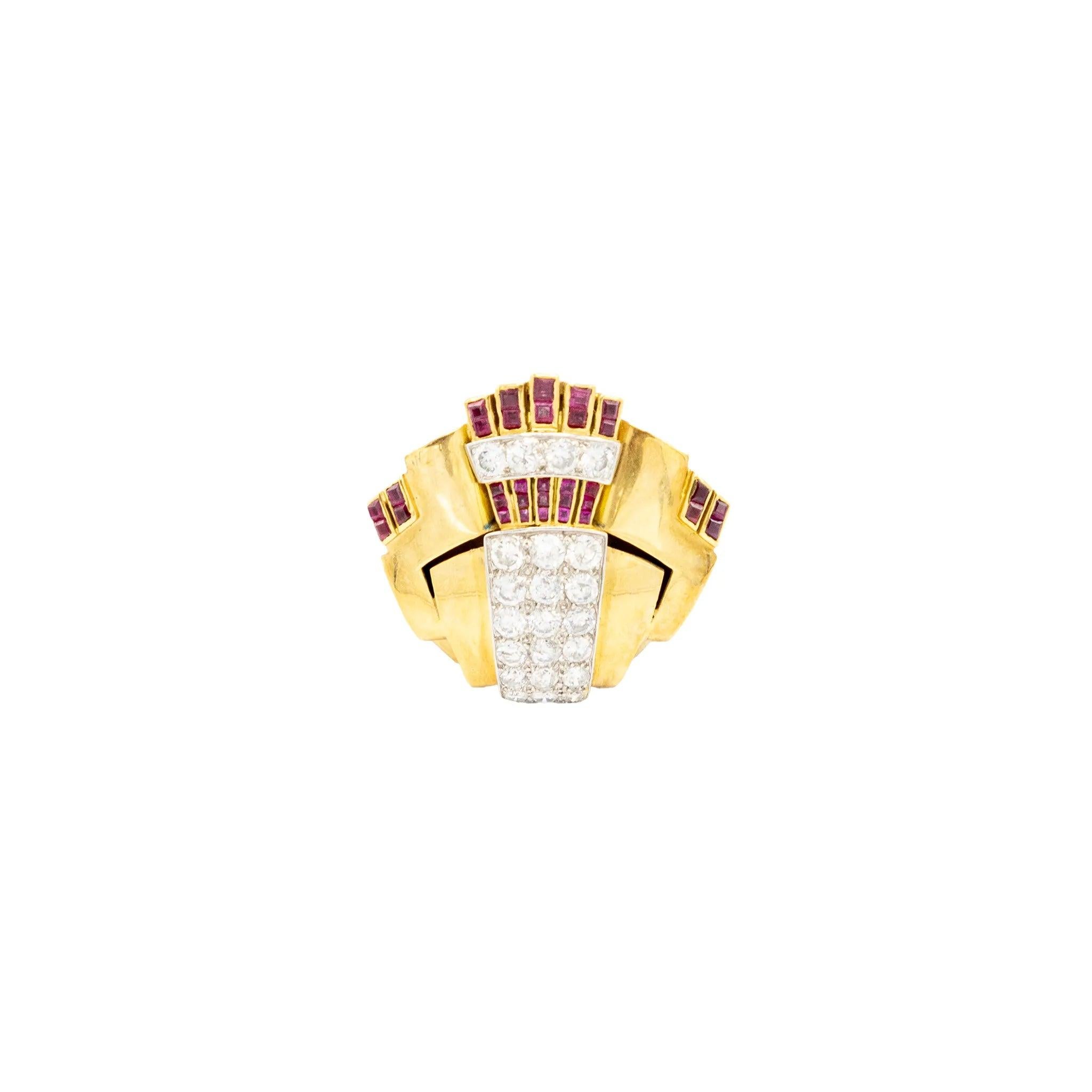 Bague cocktail rétro en or 18K avec diamants et rubis - années 40 Pour femmes en vente