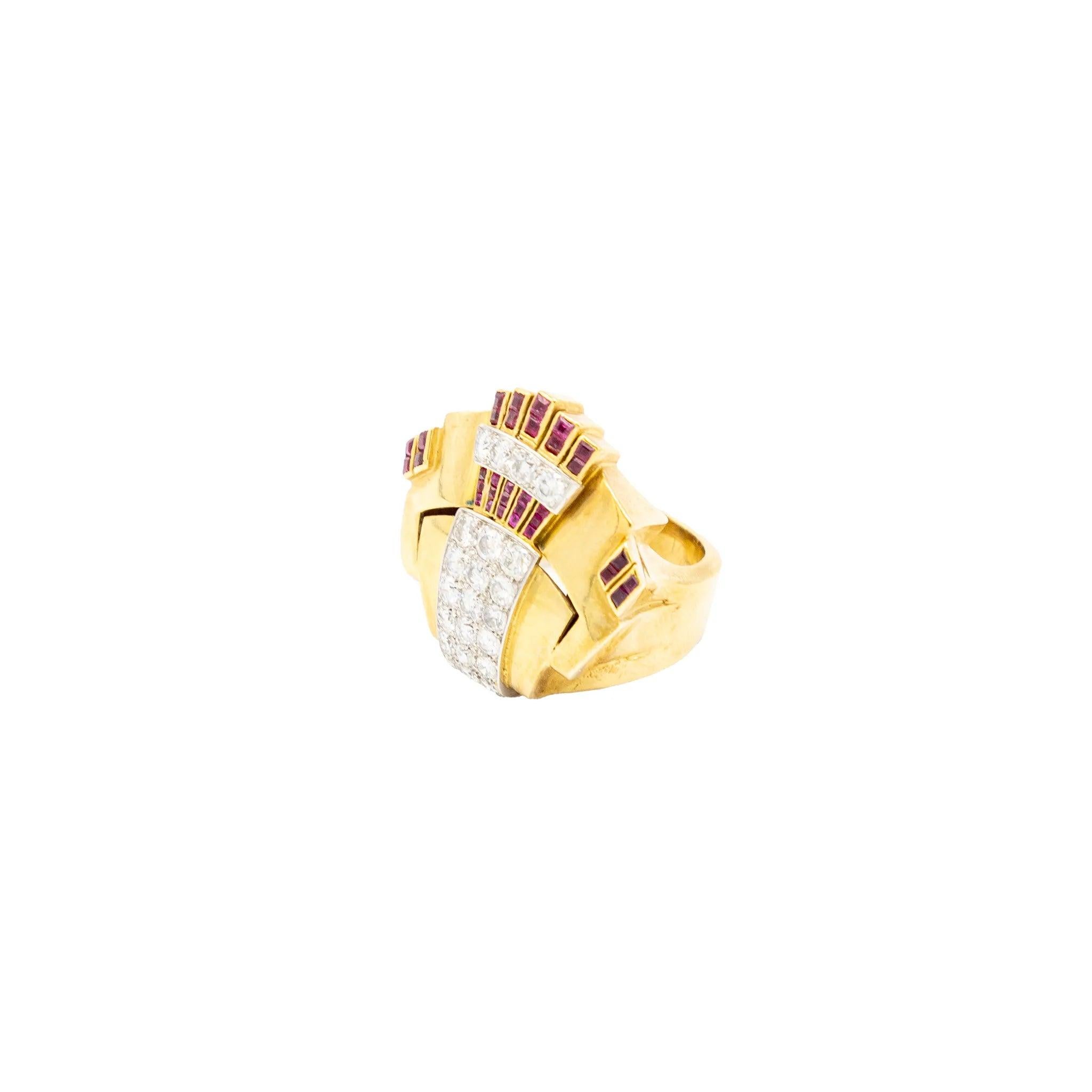 Bague cocktail rétro en or 18K avec diamants et rubis - années 40 en vente 1