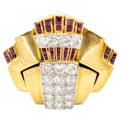 Bague cocktail rétro en or 18K avec diamants et rubis - années 40