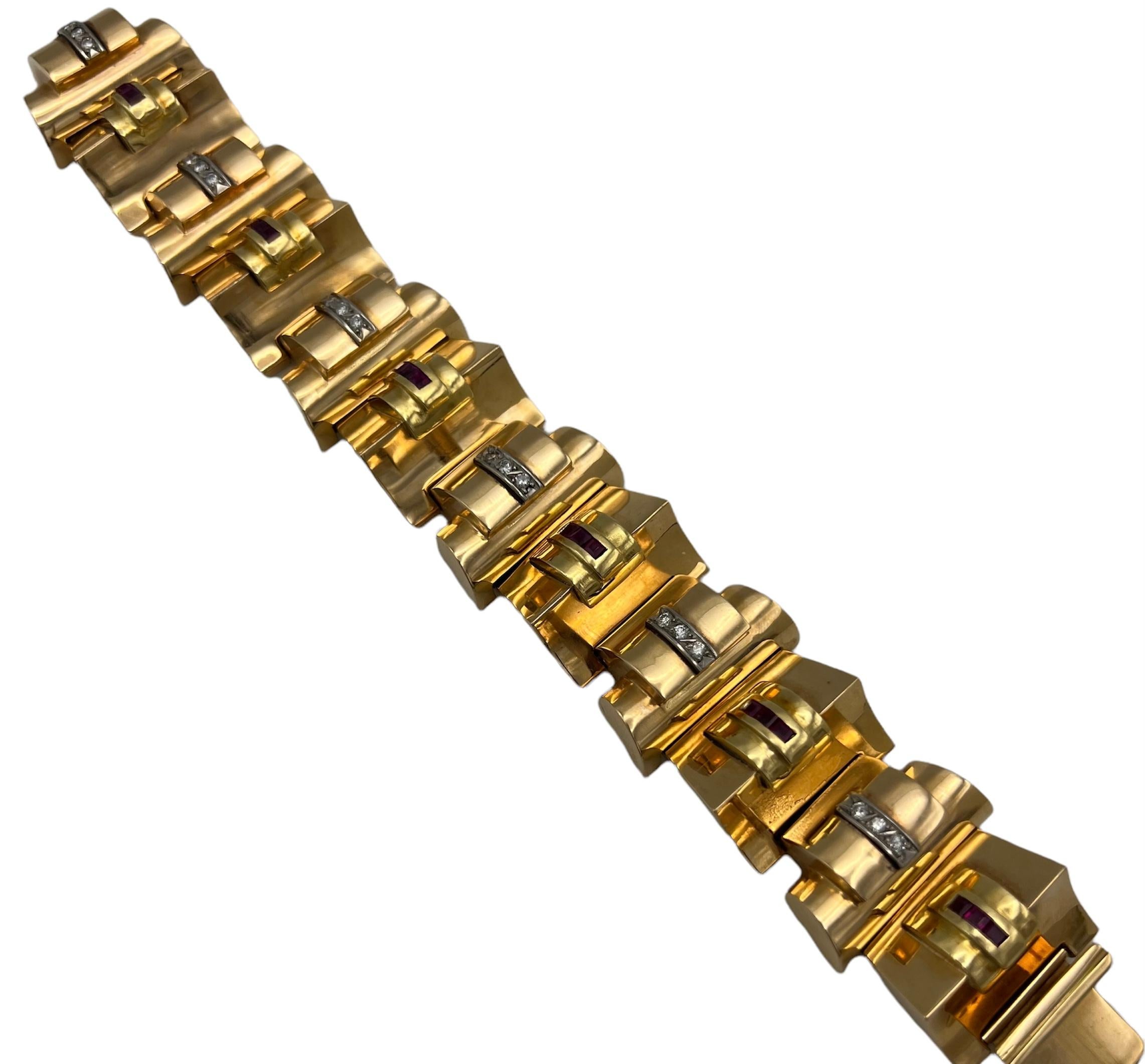 Retro 18K Gold, Diamond and Ruby Bracelet, Circa 1940- 50’s For Sale 1