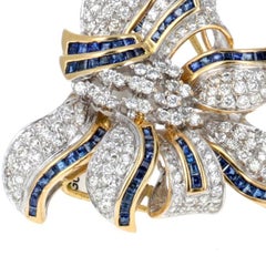Retro 18K Gold Diamond and Blue Sapphire Bow Brooch, Circa 1950s