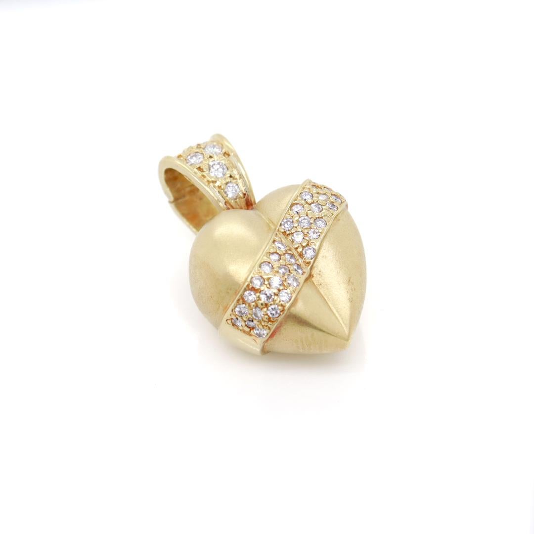 Women's Retro 18K Gold & Diamond Puffy Heart Pendant for a Necklace For Sale