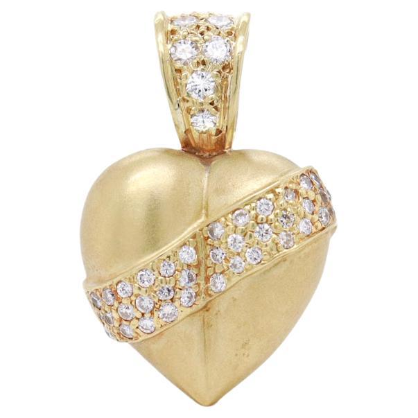 Retro 18K Gold & Diamond Puffy Heart Pendant for a Necklace For Sale