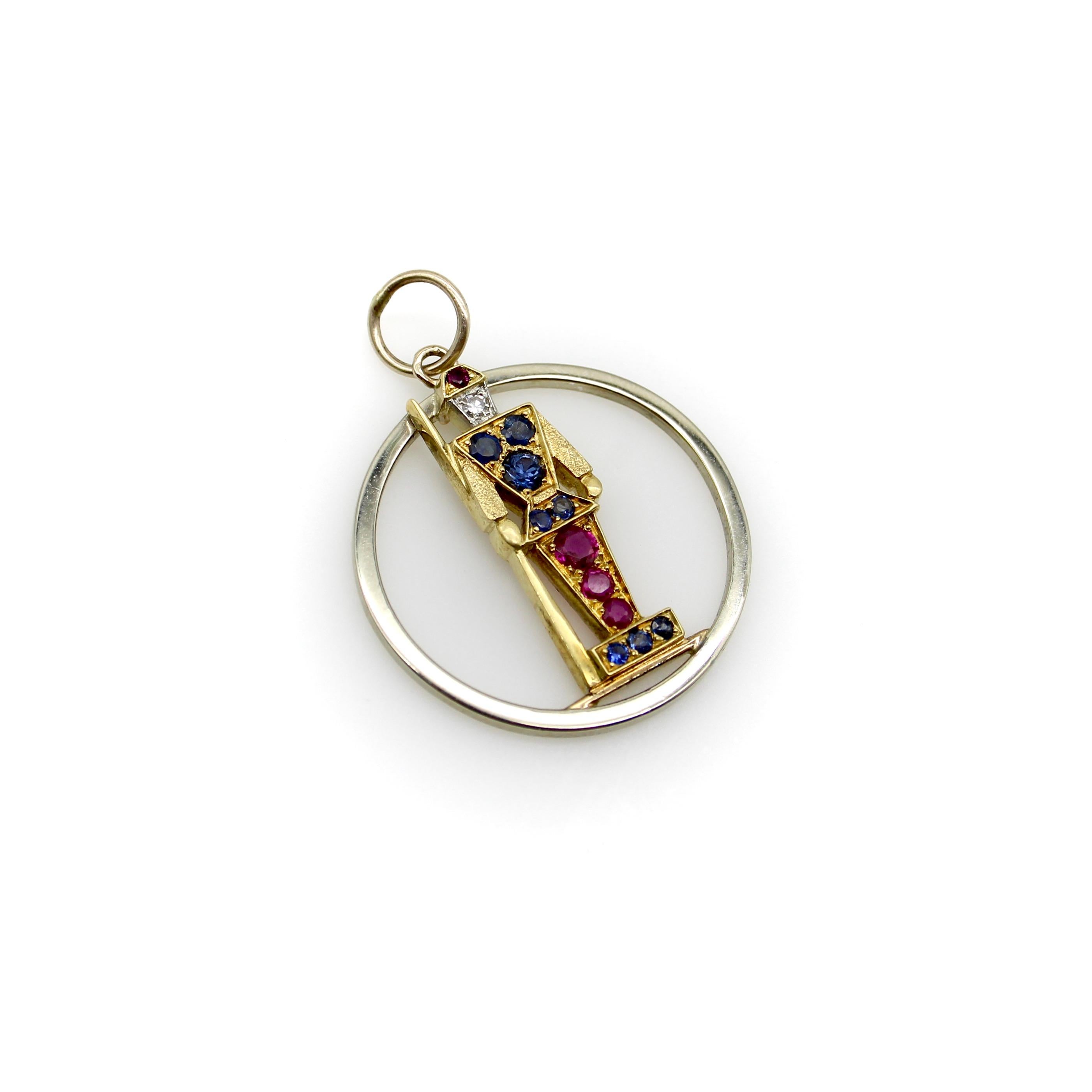 Round Cut Retro 18K Gold Diamond Ruby and Sapphire Guard Charm For Sale