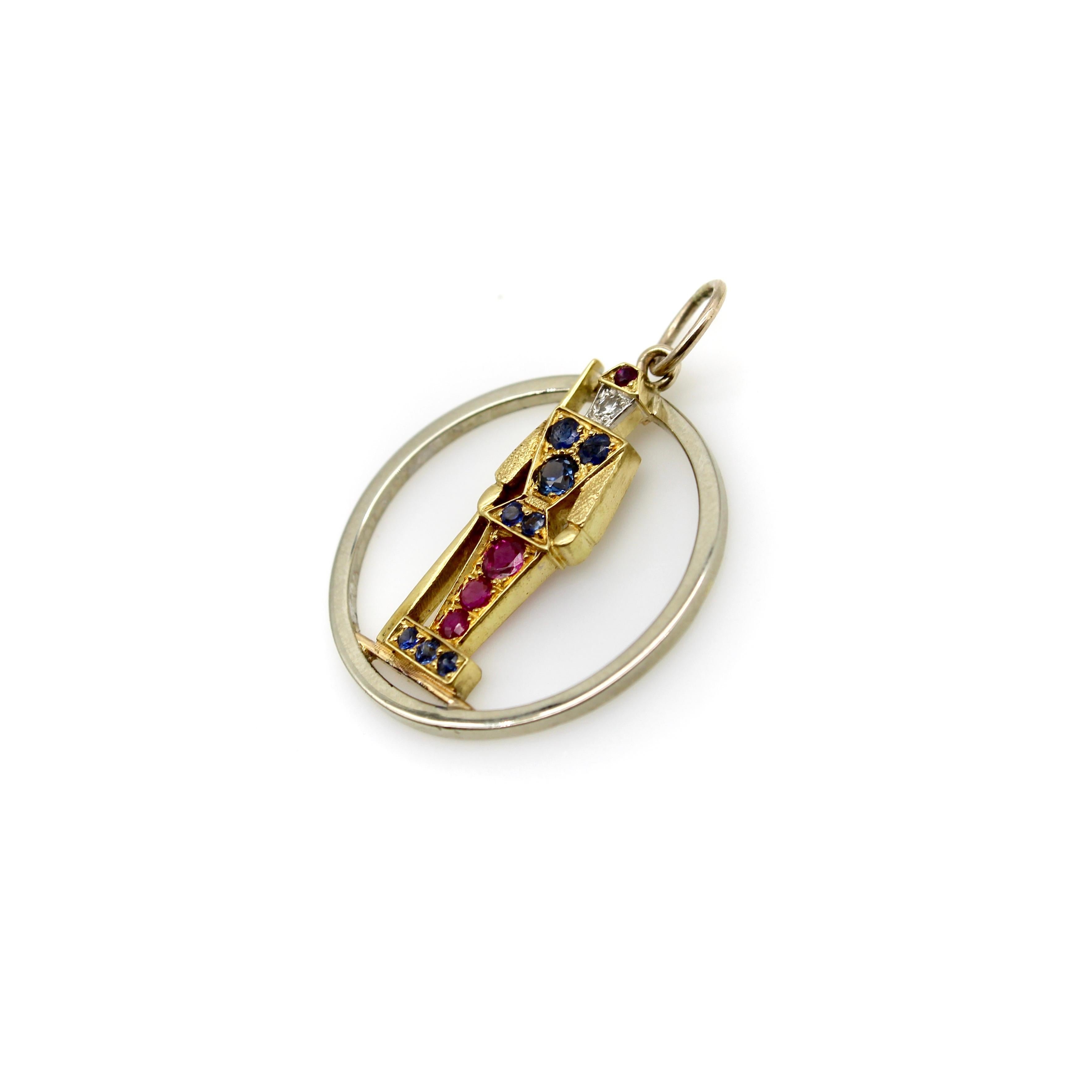 Women's or Men's Retro 18K Gold Diamond Ruby and Sapphire Guard Charm For Sale