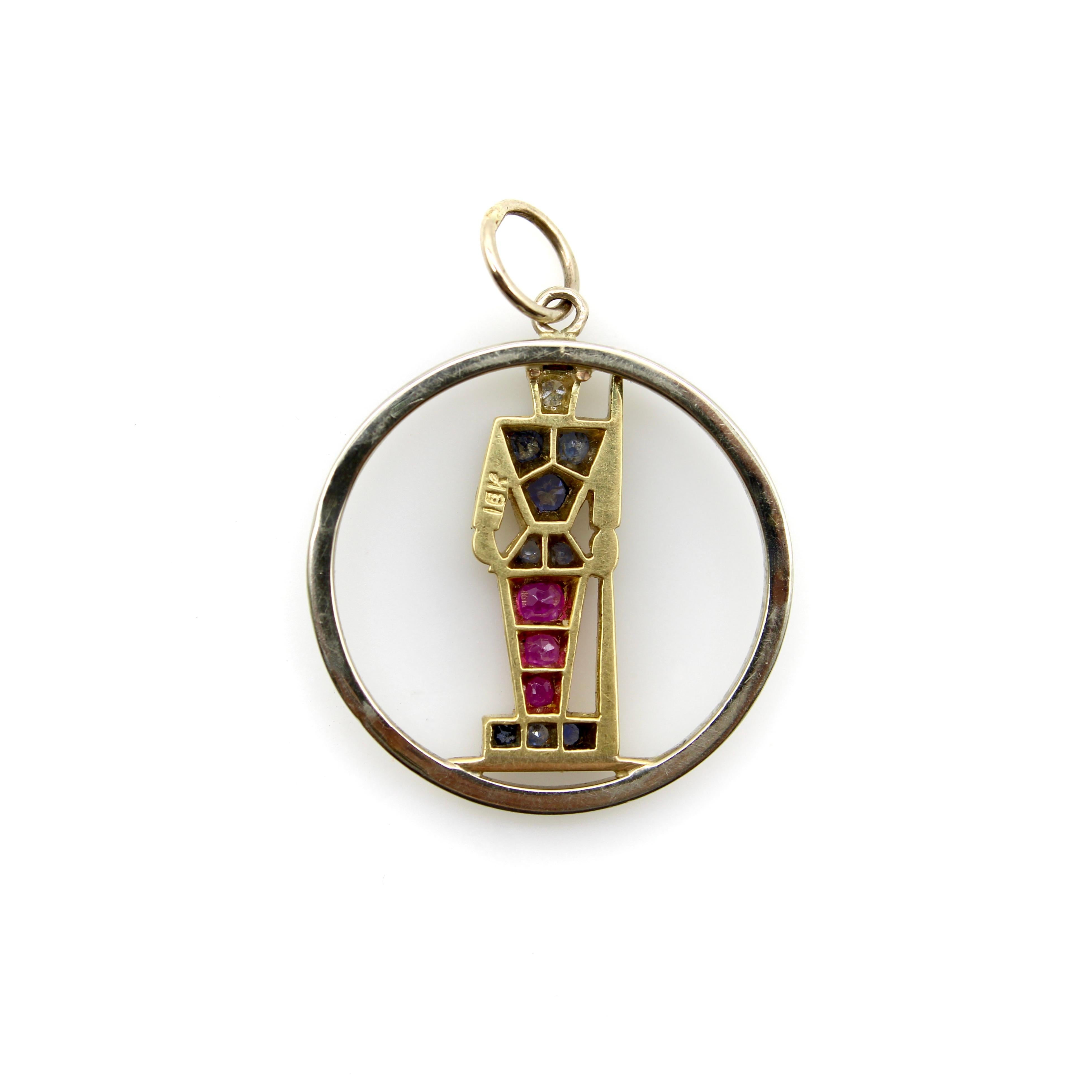 Retro 18K Gold Diamond Ruby and Sapphire Guard Charm For Sale 1