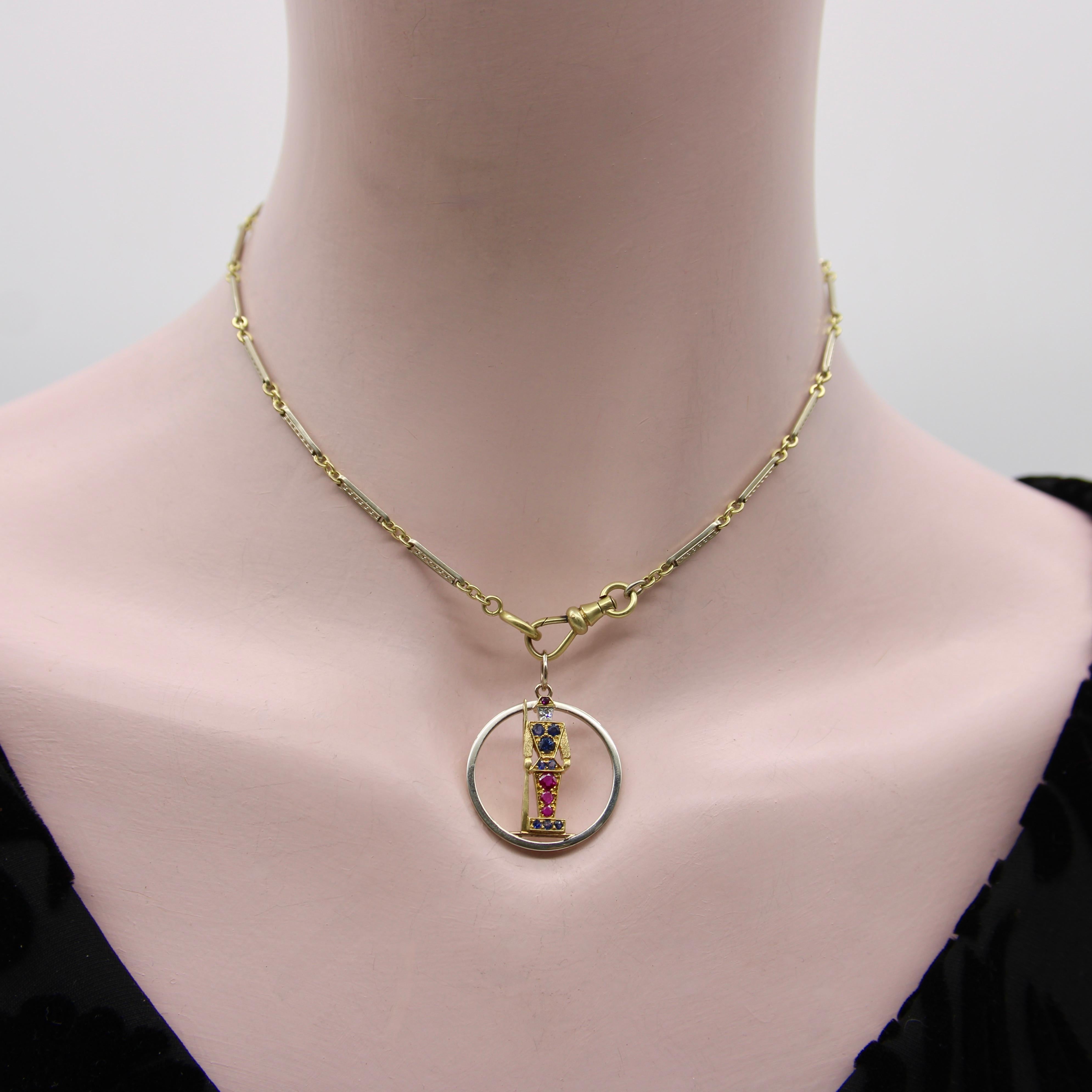 Retro 18K Gold Diamond Ruby and Sapphire Guard Charm For Sale 3