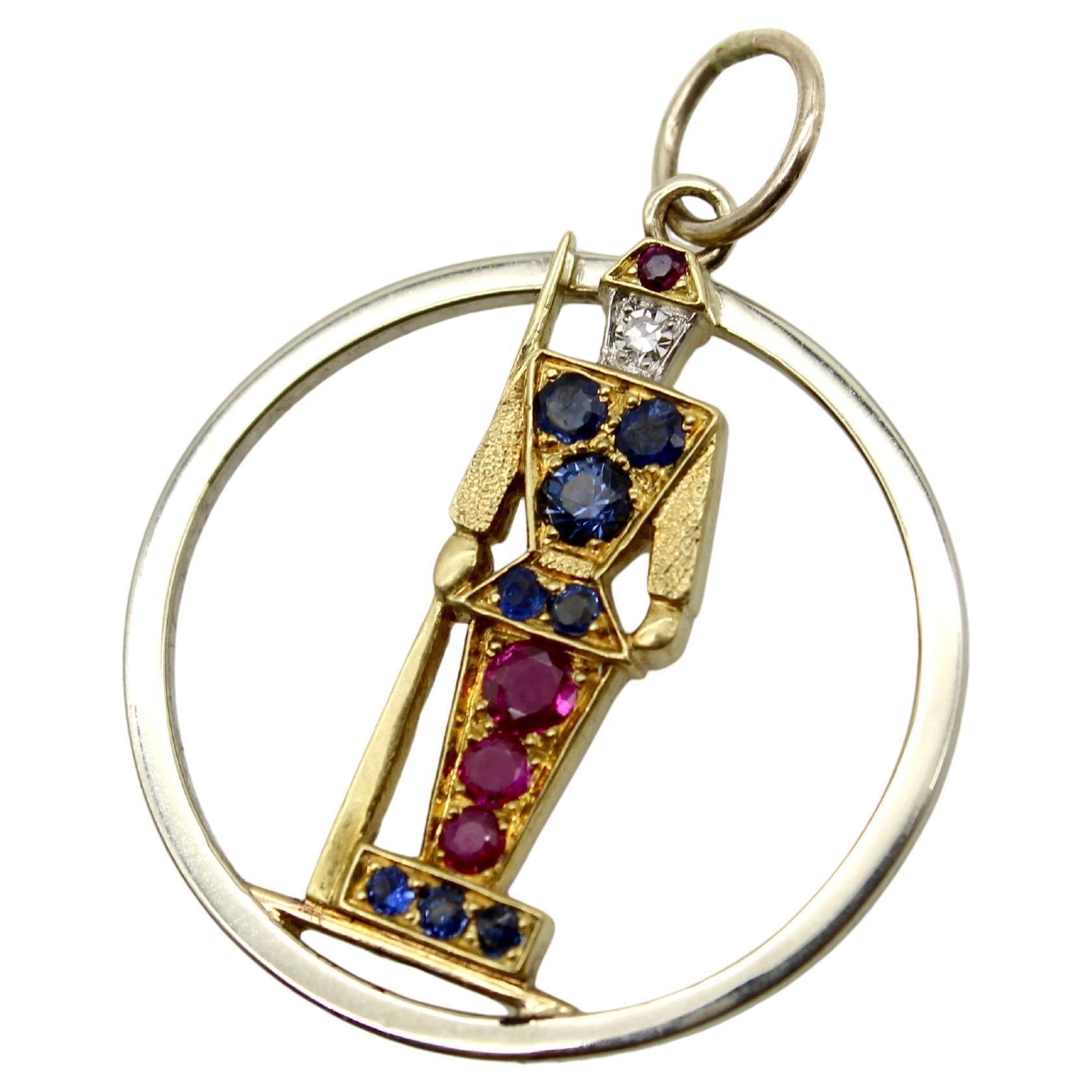 Retro 18K Gold Diamond Ruby and Sapphire Guard Charm For Sale