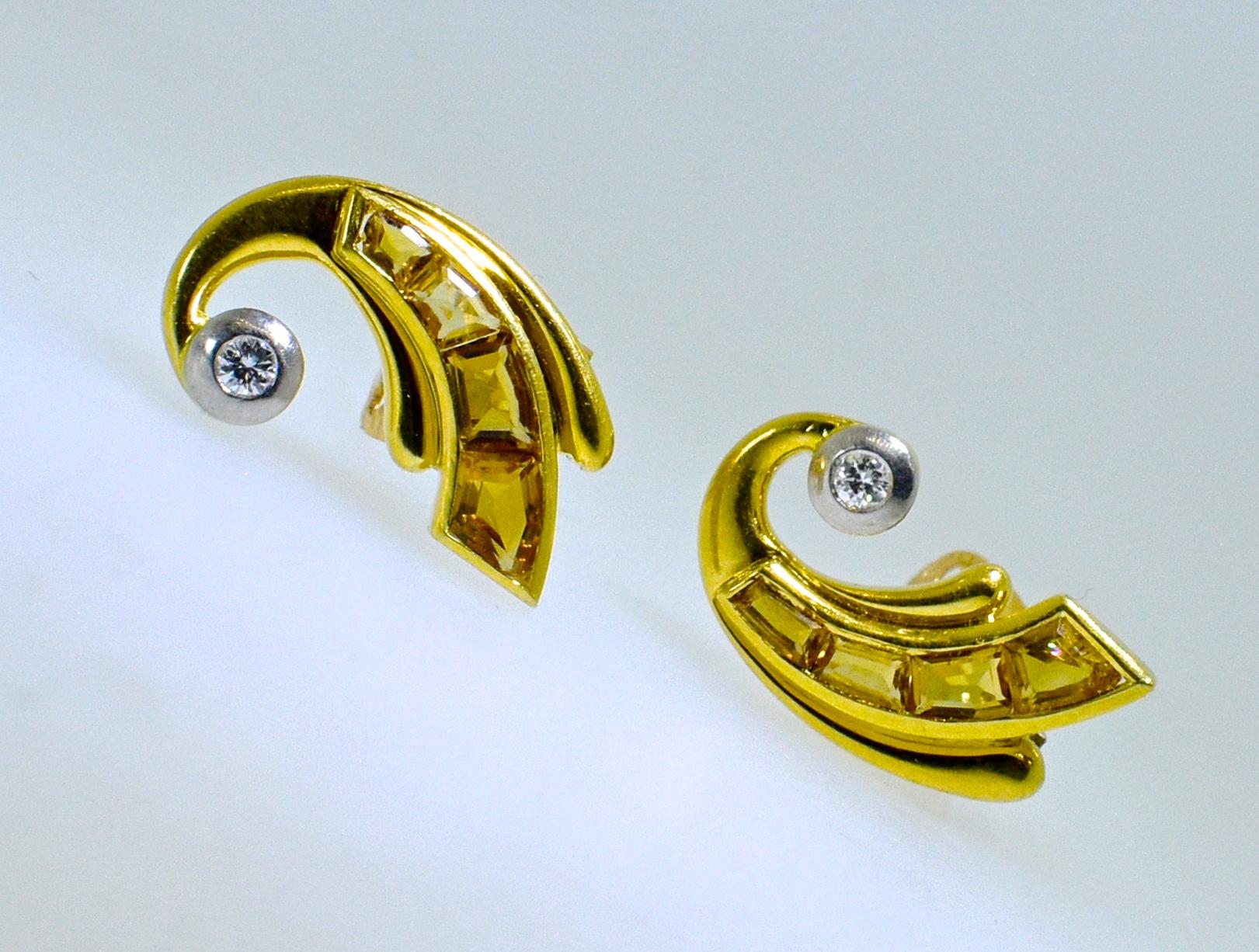 Retro 18 Karat Gold, Fancy Cut Citrine and Diamond Earrings, circa 1950 In Excellent Condition In Aspen, CO