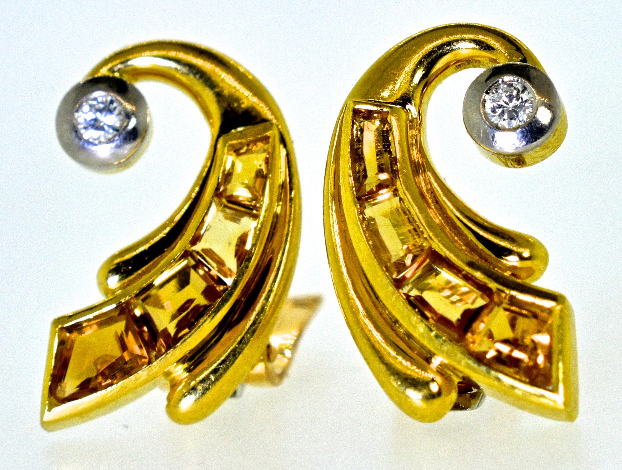 Women's or Men's Retro 18 Karat Gold, Fancy Cut Citrine and Diamond Earrings, circa 1950