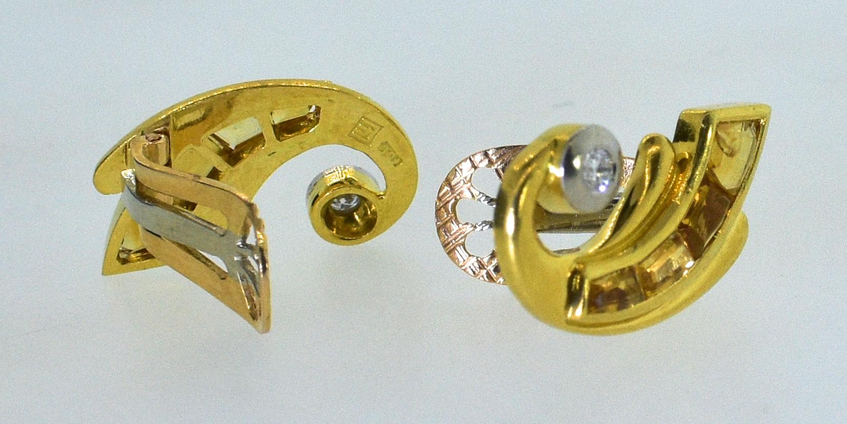 Retro 18 Karat Gold, Fancy Cut Citrine and Diamond Earrings, circa 1950 1