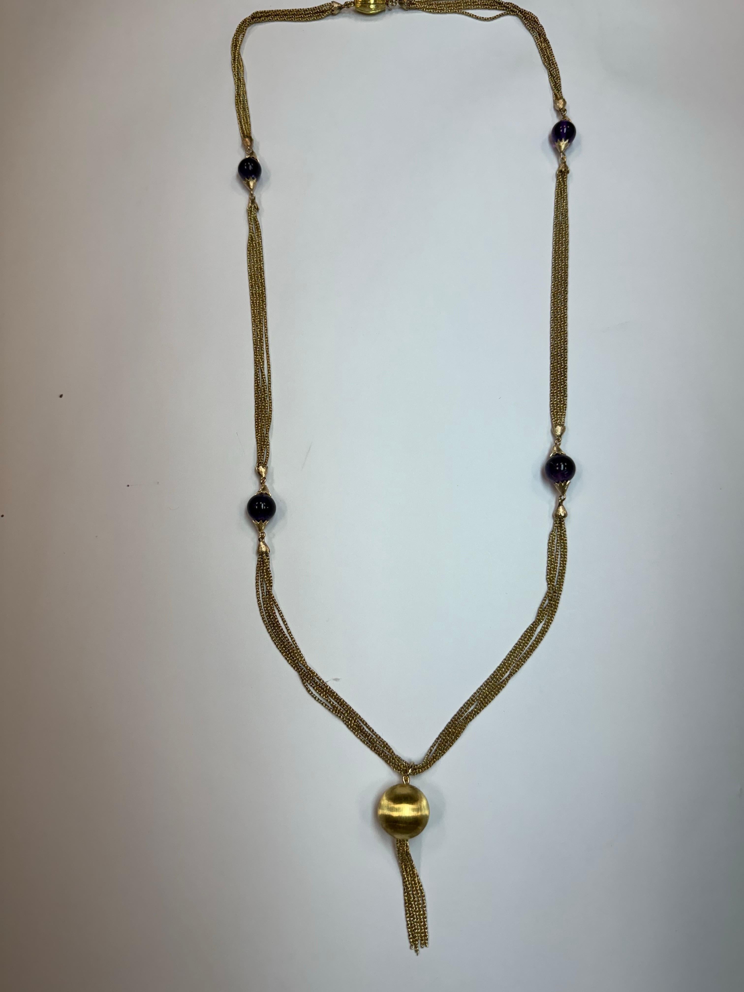 Bead Retro 18K Gold Five Strand Amethyst Opera Statement Necklace Circa 1970 For Sale