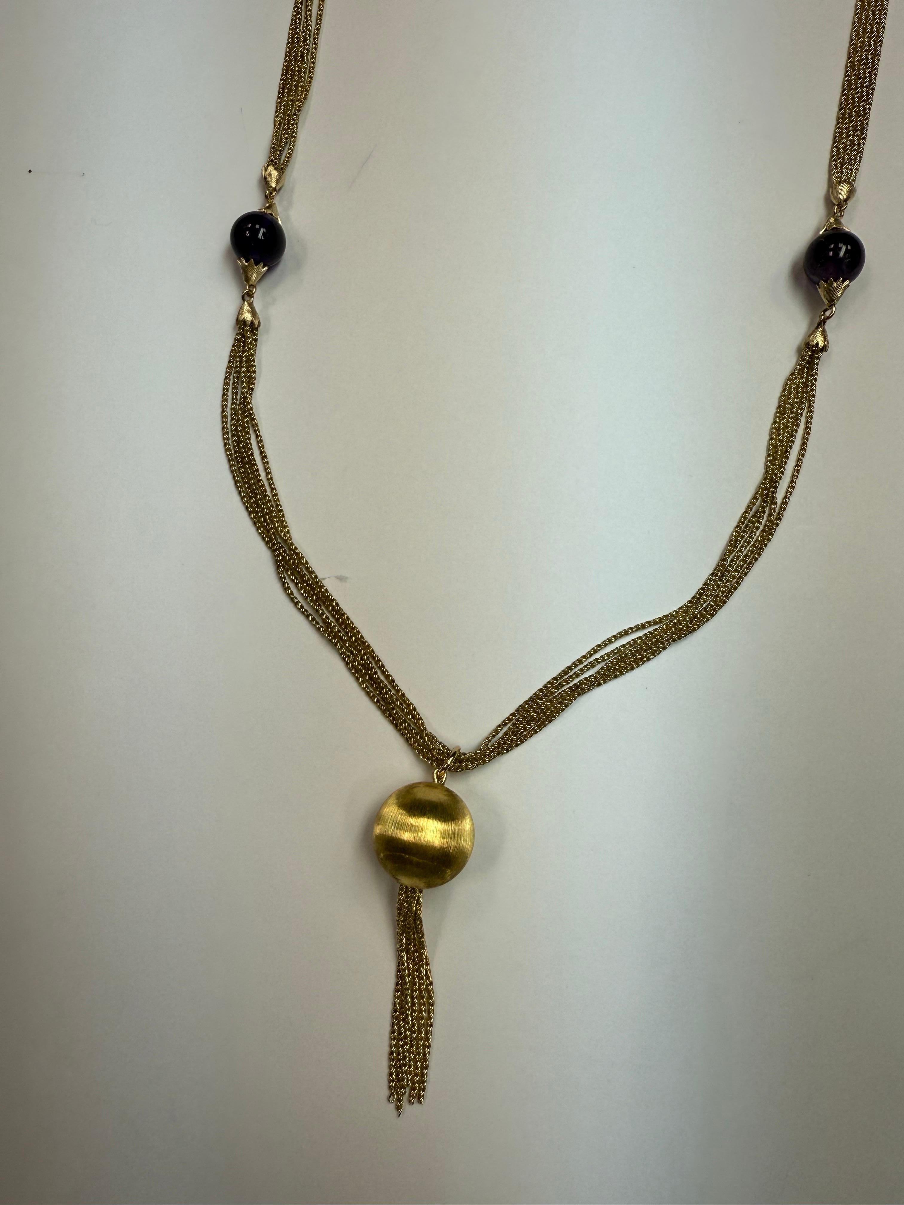 Retro 18K Gold Five Strand Amethyst Opera Statement Necklace Circa 1970 In Good Condition For Sale In Los Angeles, CA