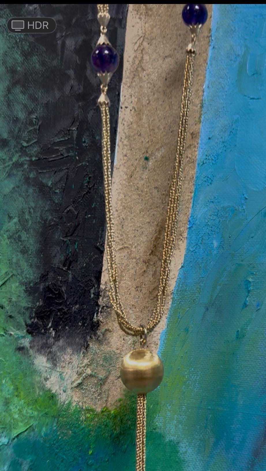 Women's Retro 18K Gold Five Strand Amethyst Opera Statement Necklace Circa 1970 For Sale