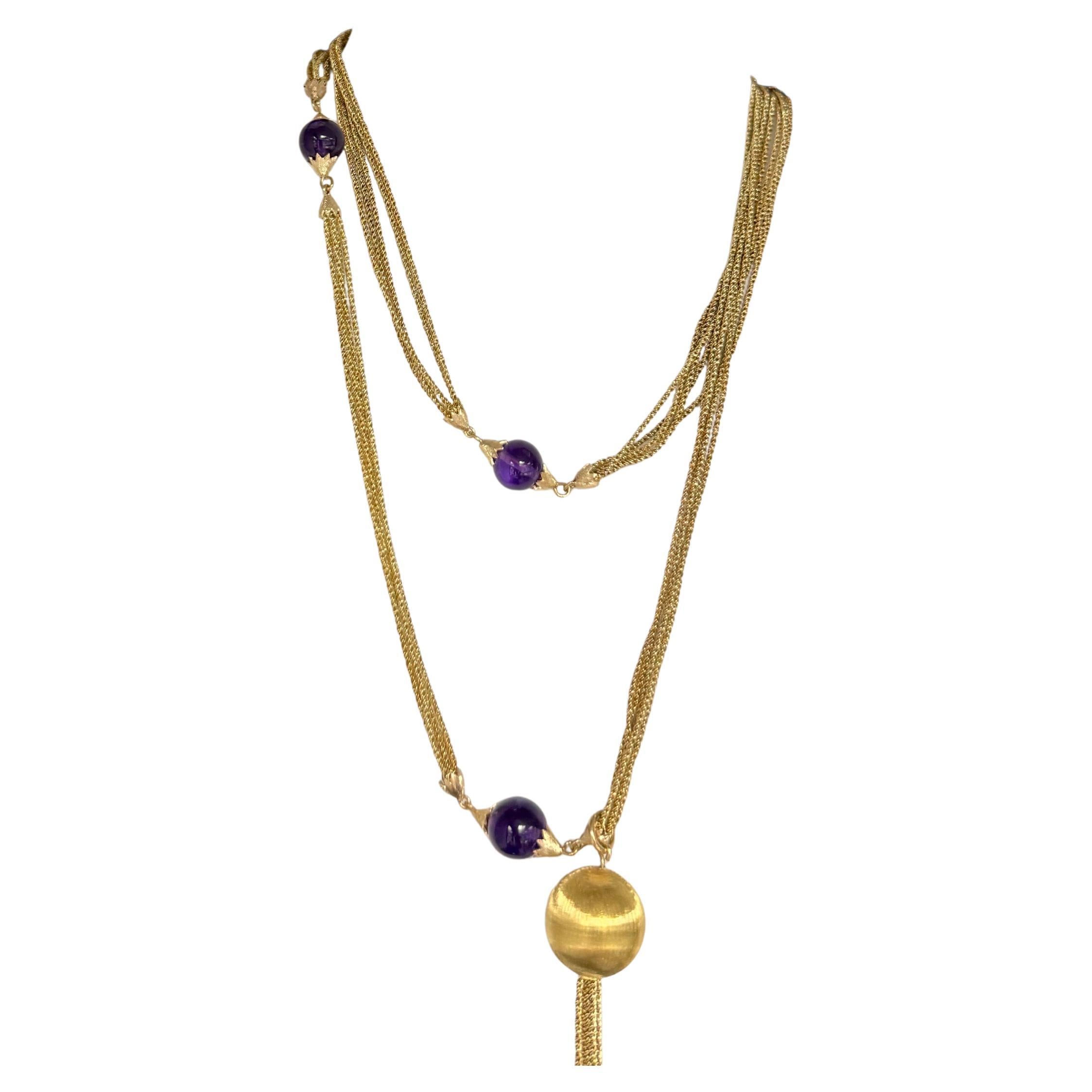 Retro 18K Gold Five Strand Amethyst Opera Statement Necklace Circa 1970