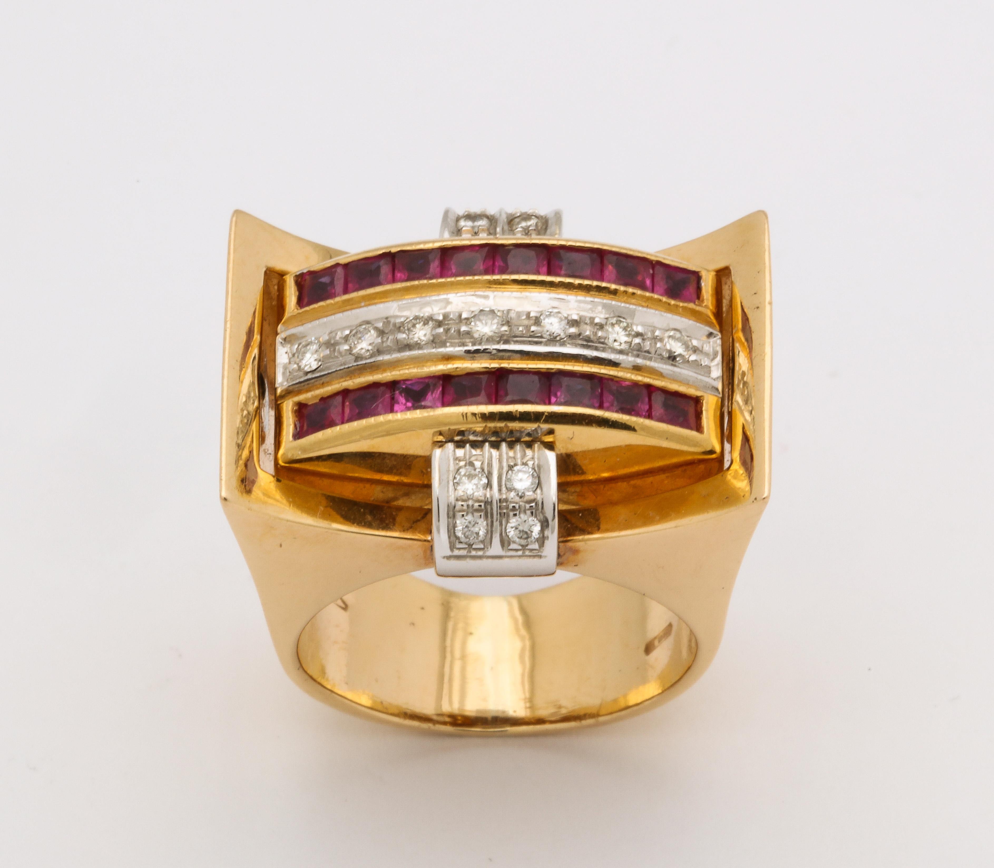 A unique period Retro 18 kt Gold Flip Sapphire/ Ruby and Diamond Ring. The ring can be worn with the sapphires and diamonds   or the rubies and diamonds showing.  The ring is 
fine quality  and design.