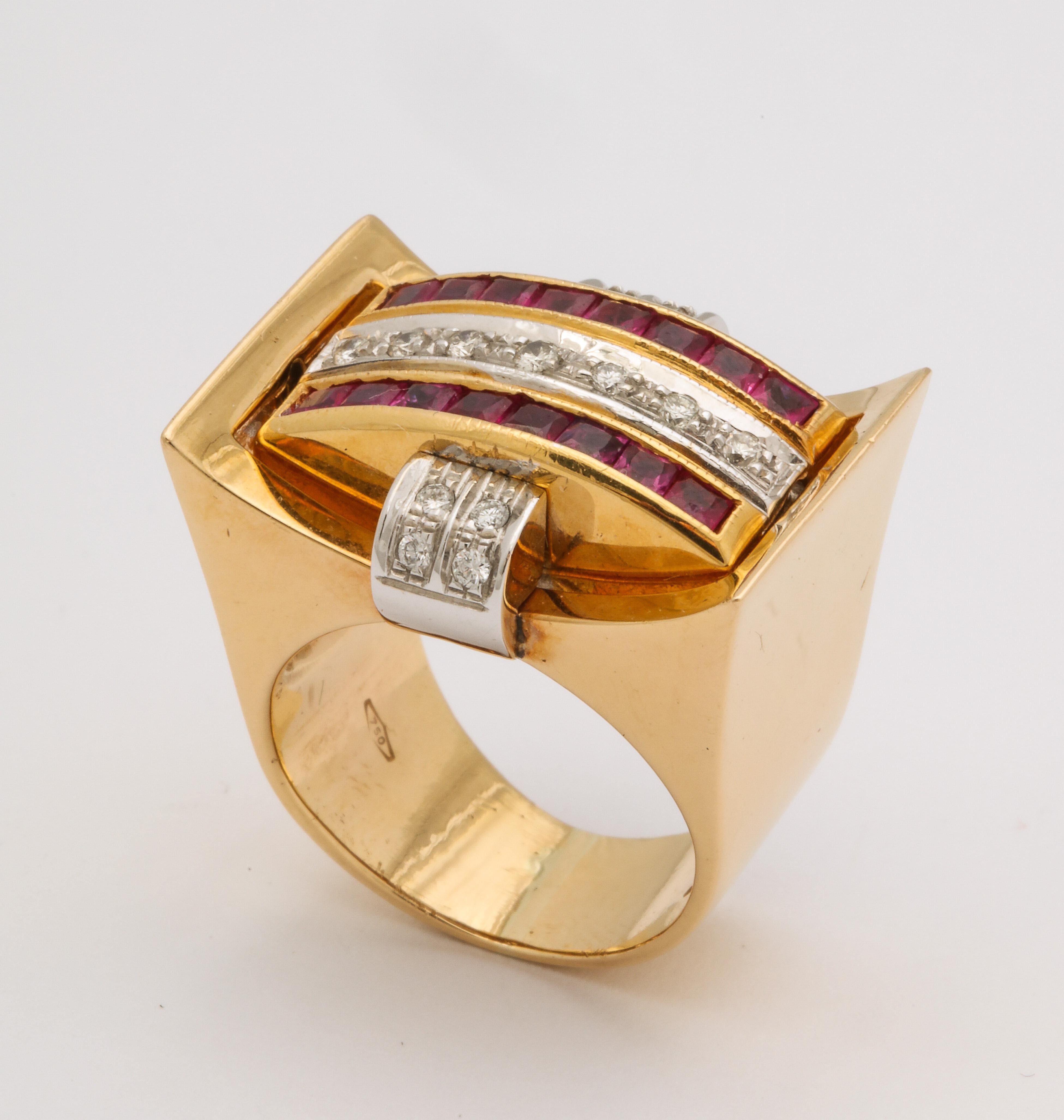 Round Cut Retro 18 Karat Gold Flip Ring with Sapphire/Diamond and Ruby/Diamond