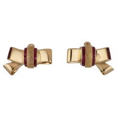 Retro 18K Gold Folded Ribbon Earrings with Rubies