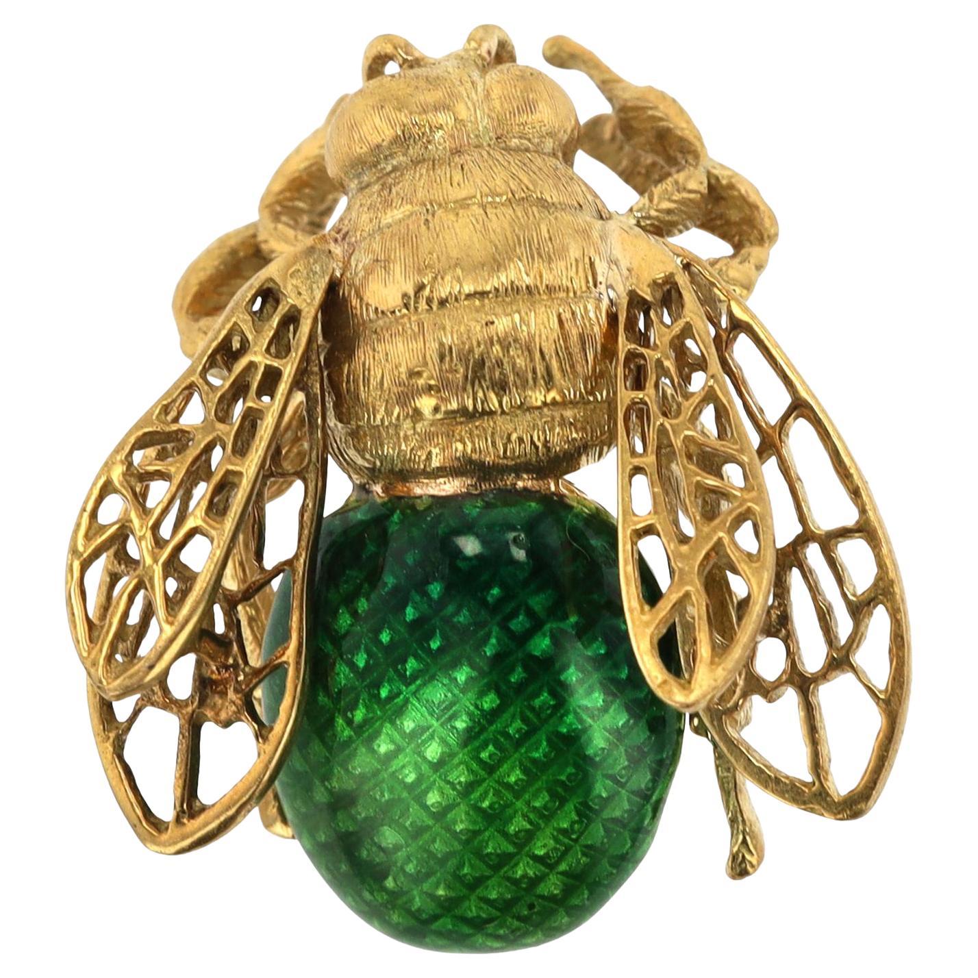 Spilla ape retrò con smalto verde e oro 18k
