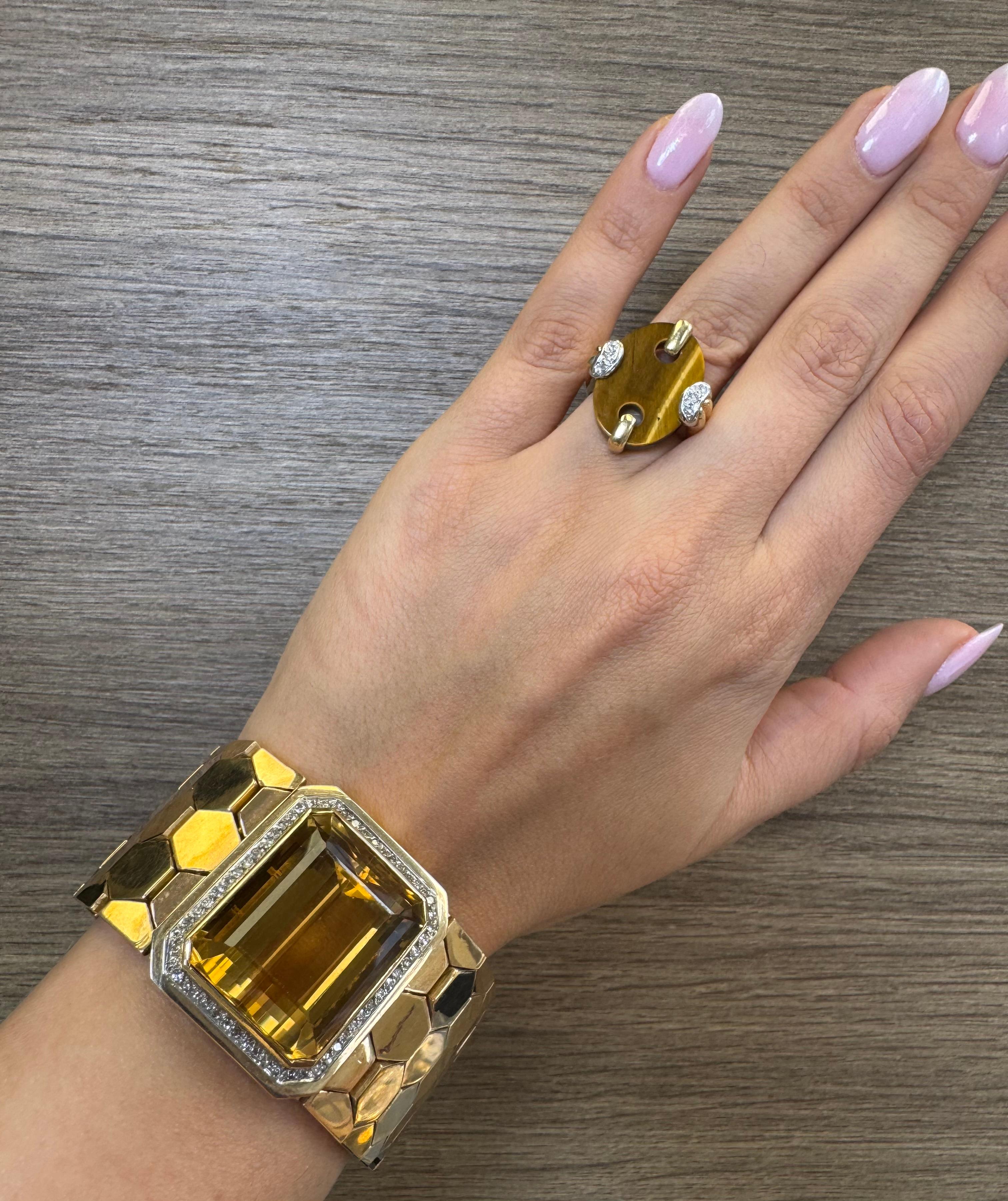 Retro 18K Gold Honeycomb Bracelet with Citrine and Diamond Accents For Sale 6