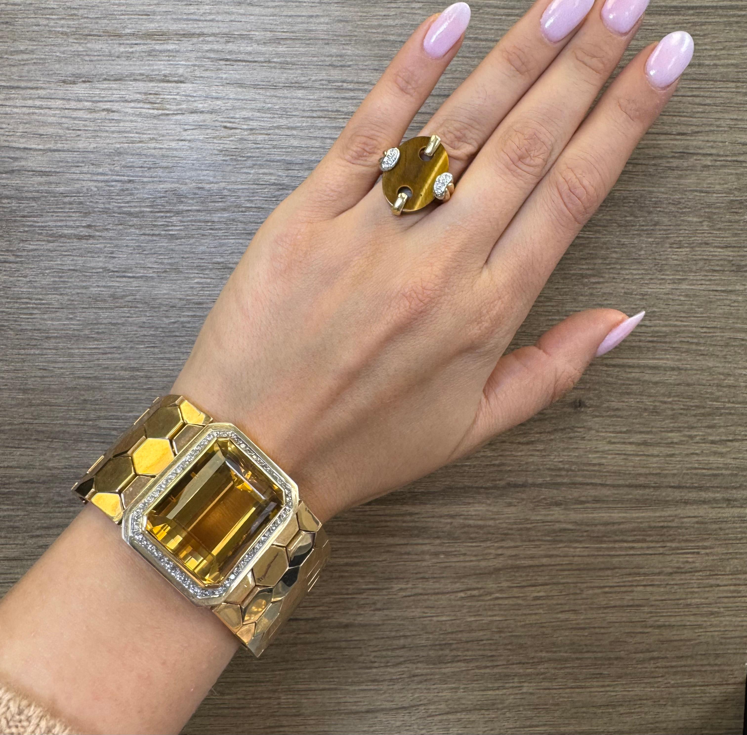Retro 18K Gold Honeycomb Bracelet with Citrine and Diamond Accents For Sale 7