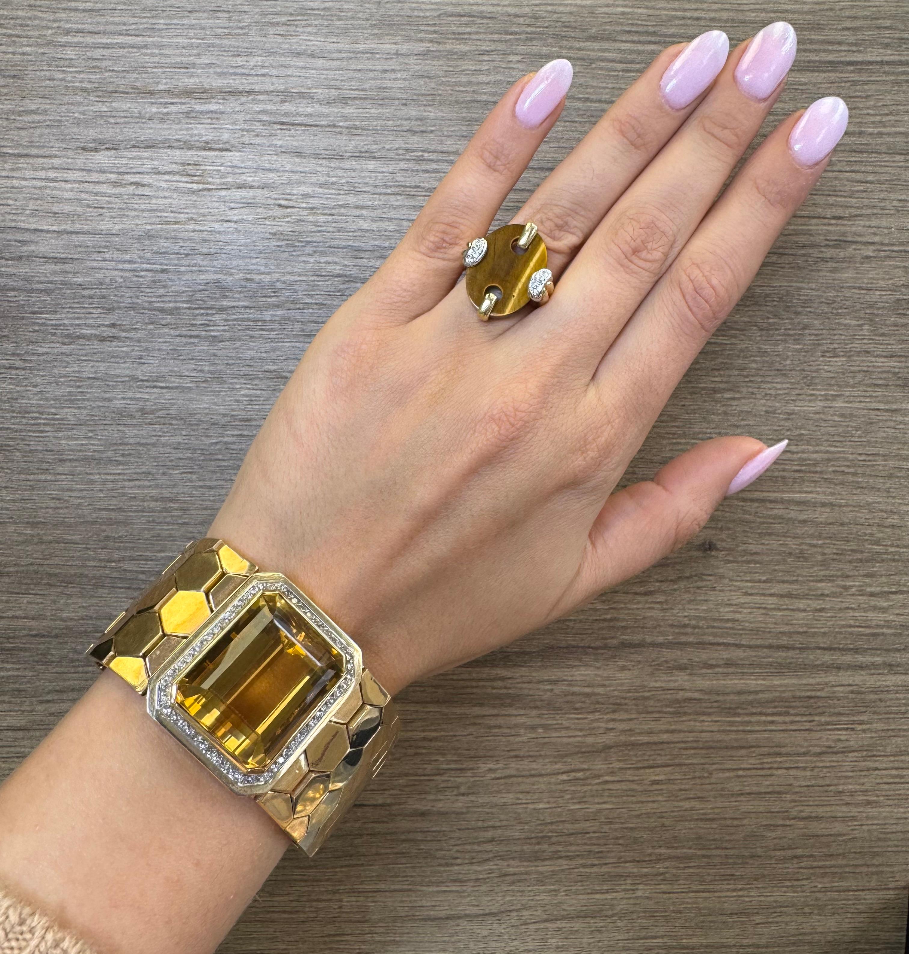 Retro 18K Gold Honeycomb Bracelet with Citrine and Diamond Accents For Sale 8