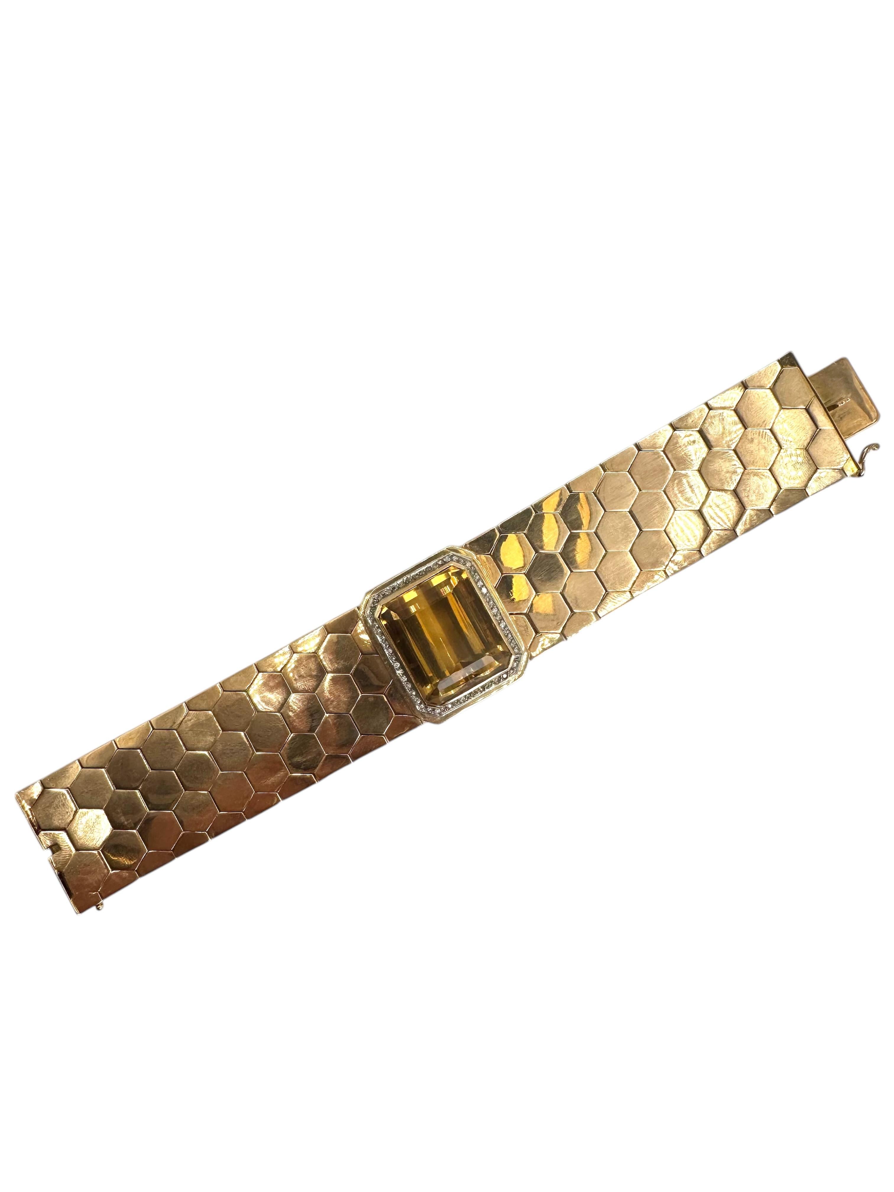 Retro 18K Gold Honeycomb Bracelet with Citrine and Diamond Accents For Sale 9