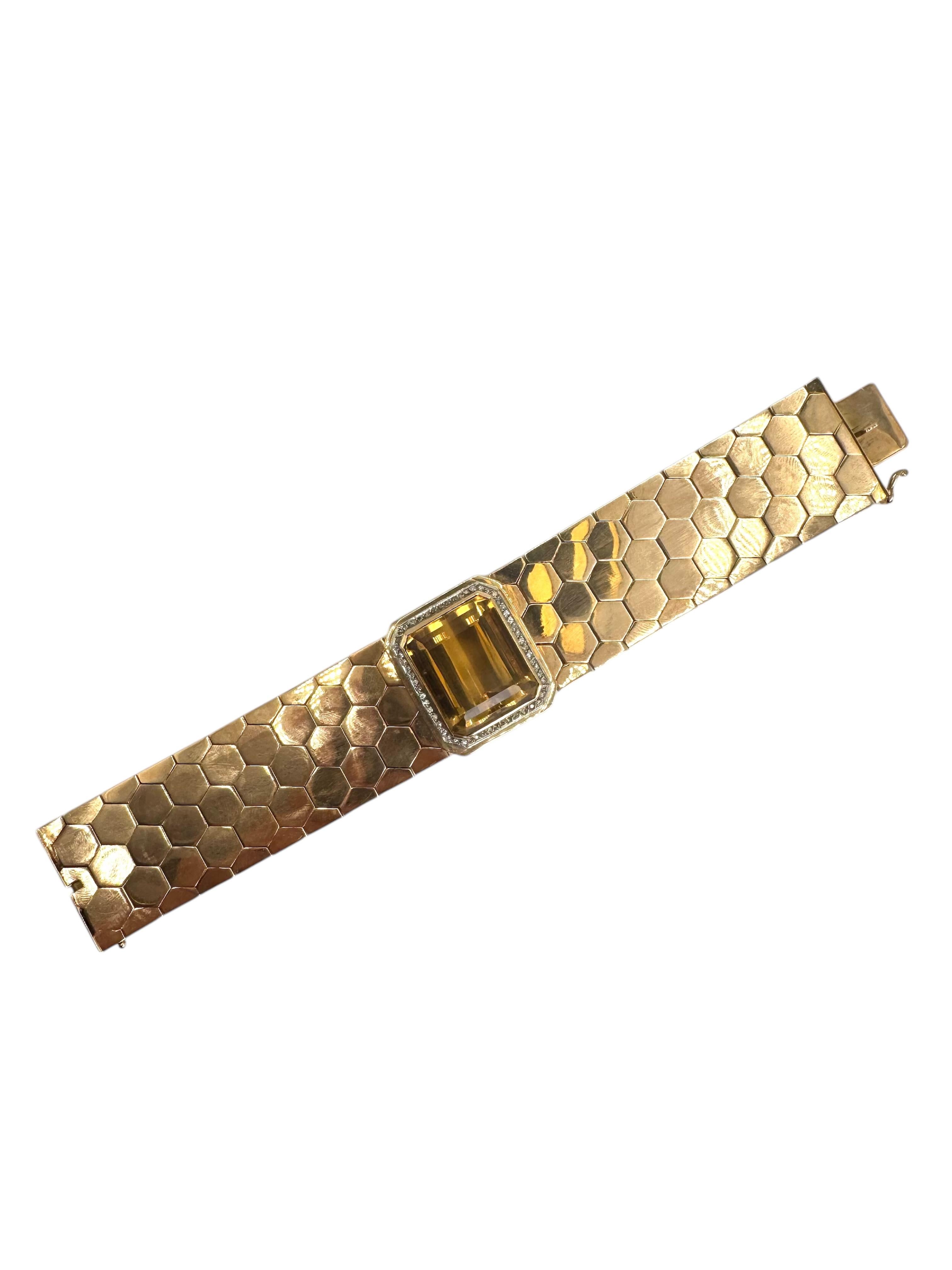 Retro 18K Gold Honeycomb Bracelet with Citrine and Diamond Accents For Sale 10
