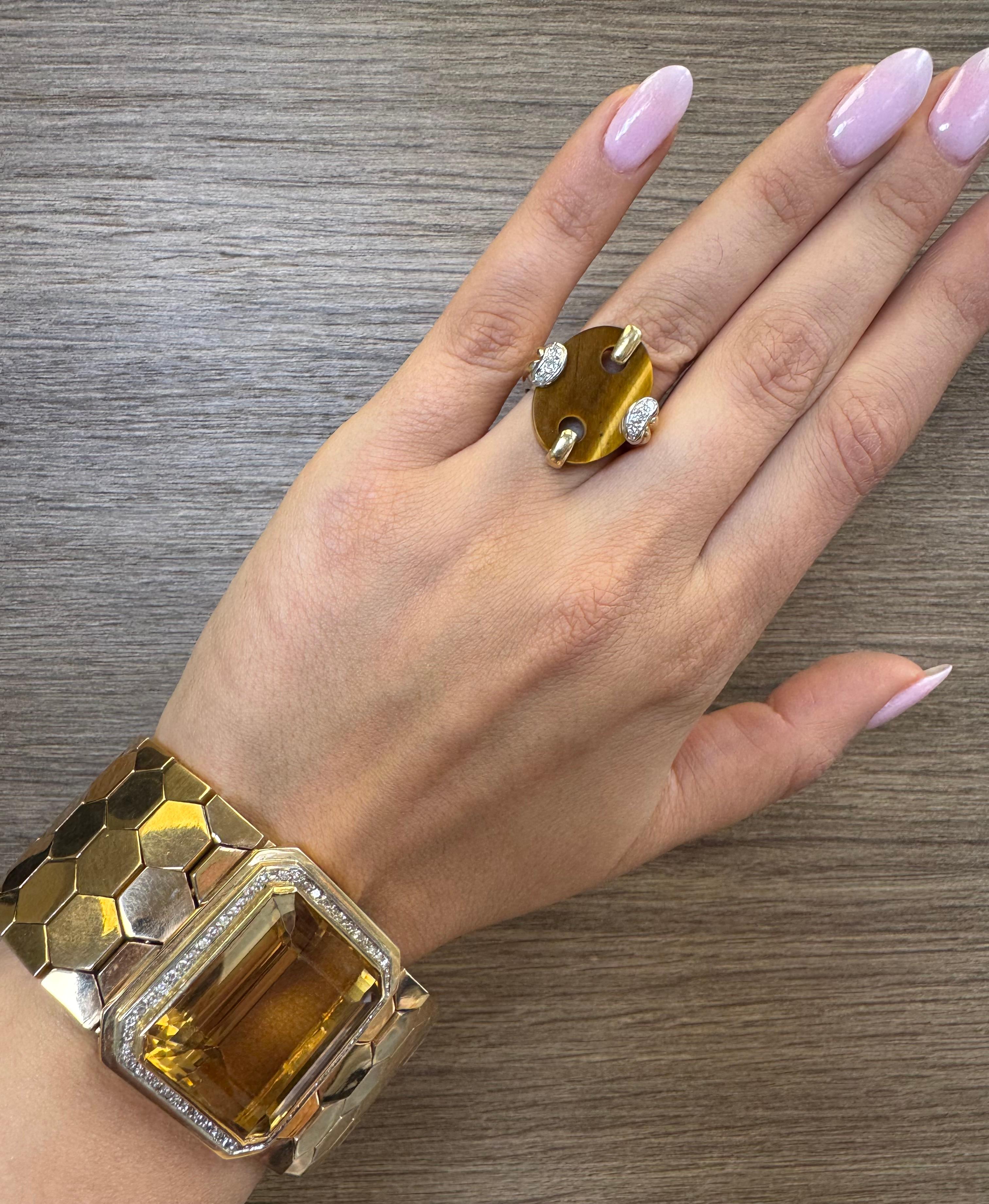 Retro 18K Gold Honeycomb Bracelet with Citrine and Diamond Accents For Sale 2