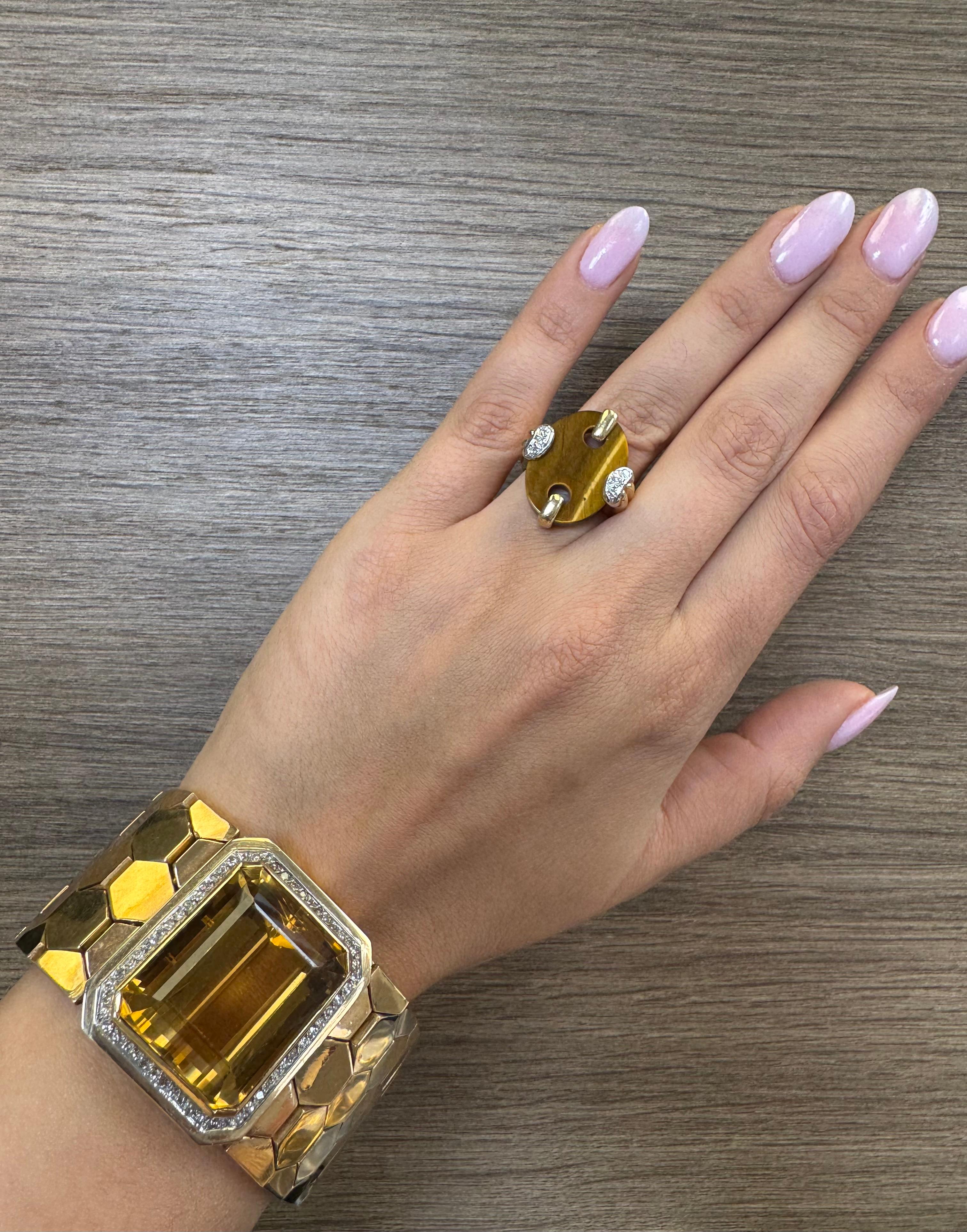 Retro 18K Gold Honeycomb Bracelet with Citrine and Diamond Accents For Sale 3