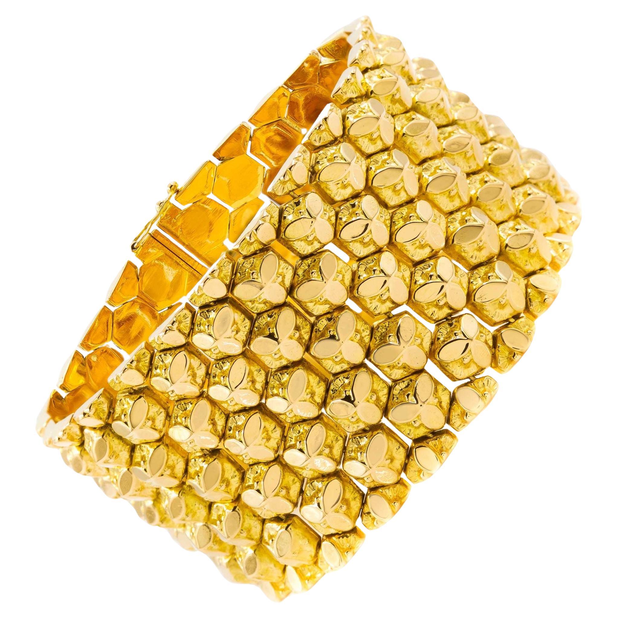 Retro 18k Gold Honeycomb Flexible-Link Bracelet by Ranzan Romeo, Italian c.1960s