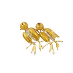 Retro 18K Gold Love Bird Brooch Pin with Diamonds and Ruby Eyes