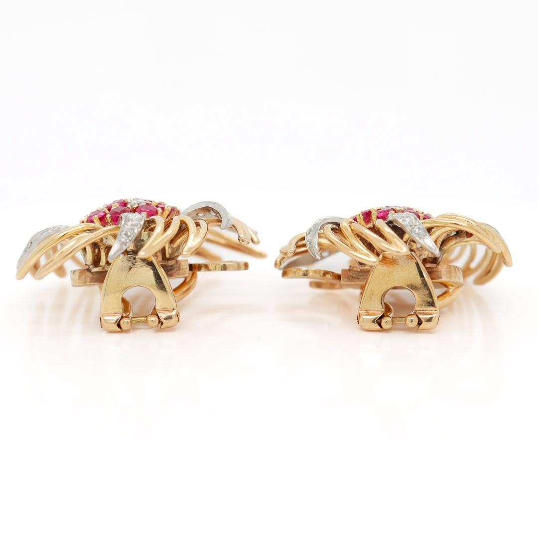 Retro 18k Gold, Platinum, Ruby, and Diamond Clip-On Earrings 6