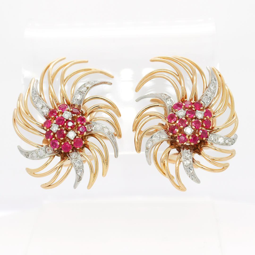 Round Cut Retro 18k Gold, Platinum, Ruby, and Diamond Clip-On Earrings