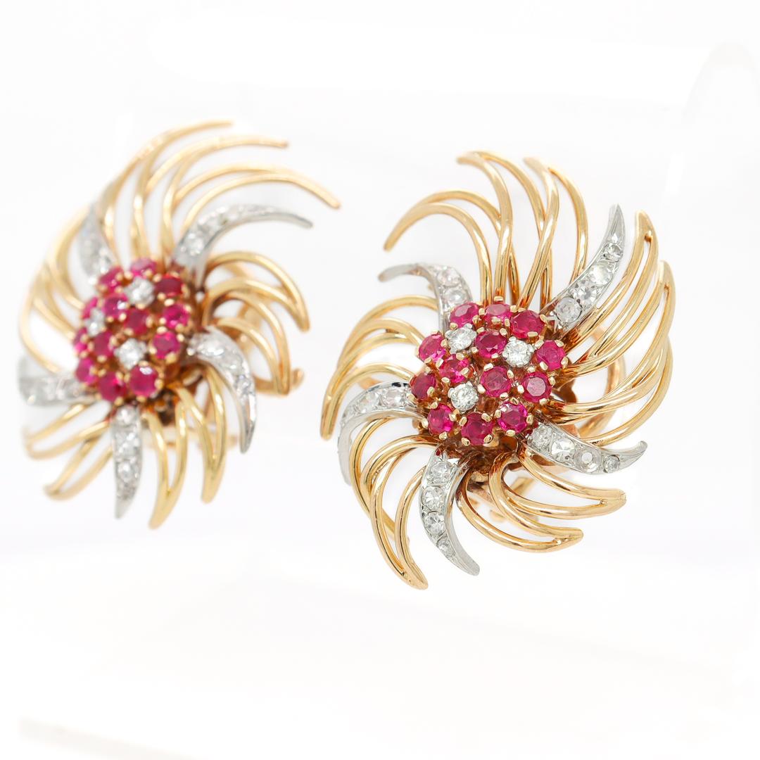 Retro 18k Gold, Platinum, Ruby, and Diamond Clip-On Earrings In Good Condition In Philadelphia, PA