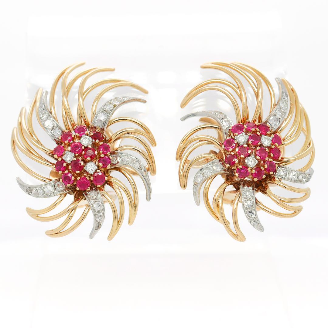 Retro 18k Gold, Platinum, Ruby, and Diamond Clip-On Earrings 3