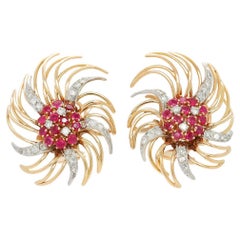 Retro 18k Gold, Platinum, Ruby, and Diamond Clip-On Earrings