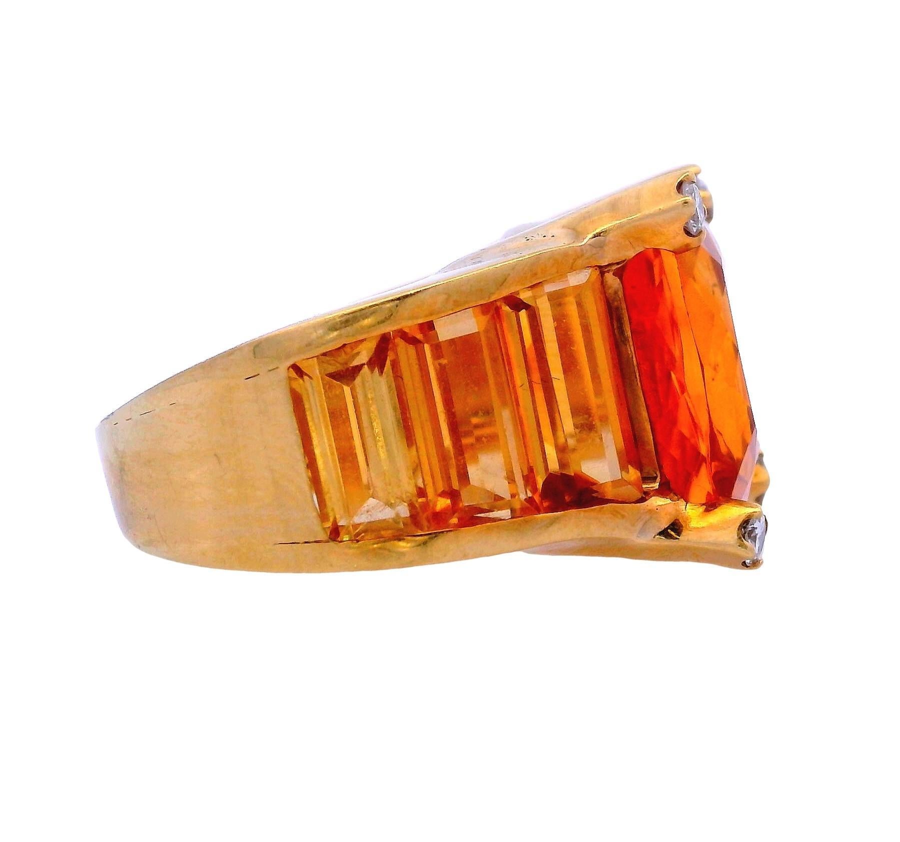 Modernist Retro 18k Gold Ring with Citrine & Diamonds For Sale