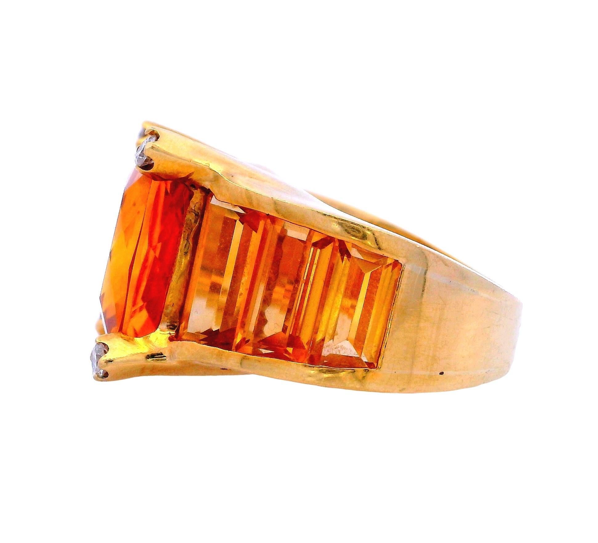Cushion Cut Retro 18k Gold Ring with Citrine & Diamonds For Sale