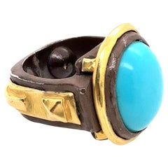 Retro 18K Gold & Silver 16mm Turquoise Cab Statement Ring Circa 2000