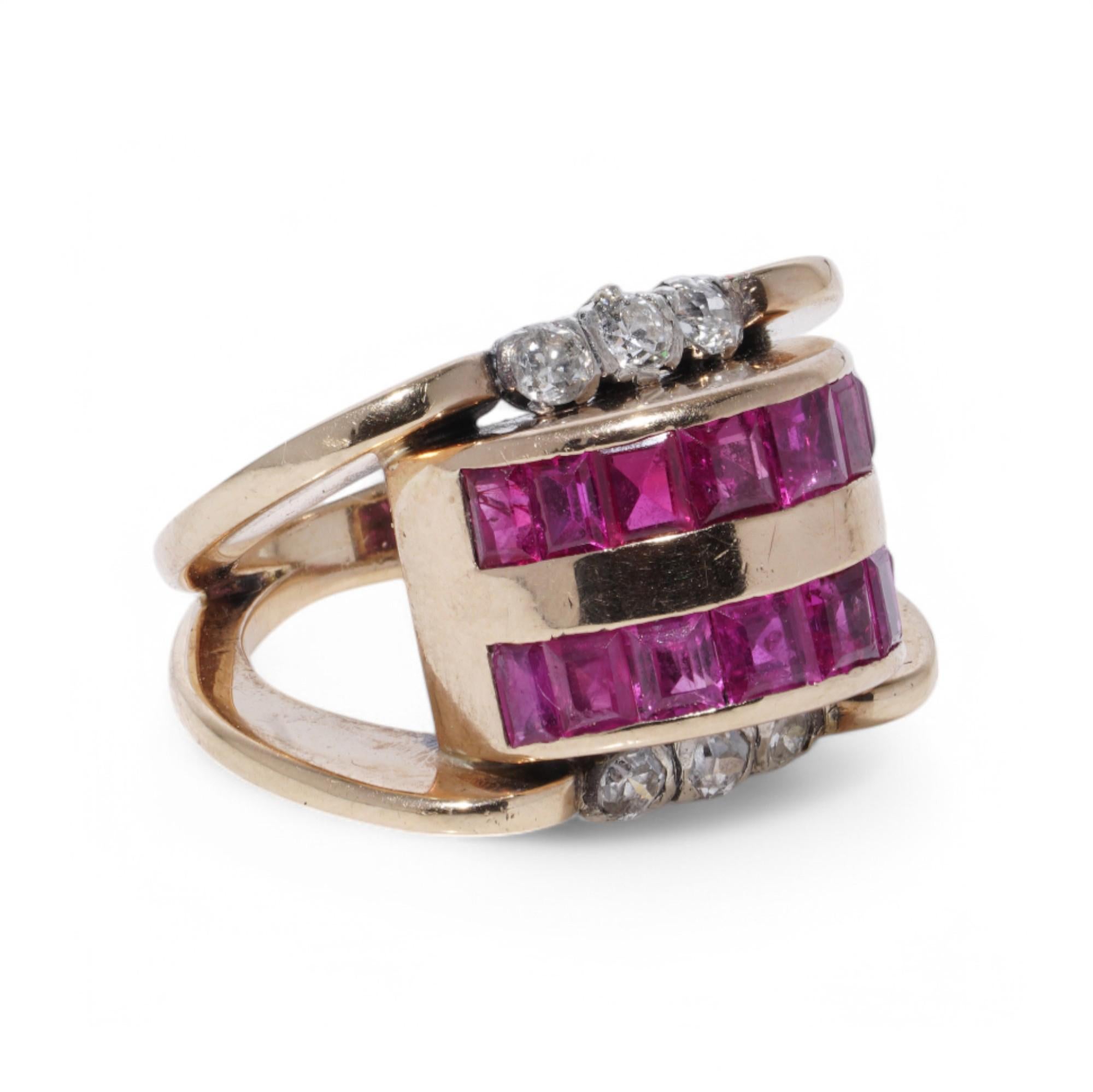 Square Cut Retro 18K Gold, Silver, Ruby, and Diamond Ring For Sale