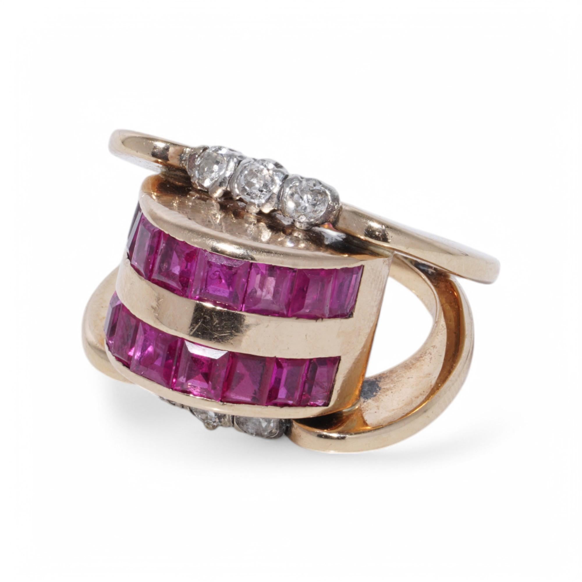 Retro 18K Gold, Silver, Ruby, and Diamond Ring For Sale 1