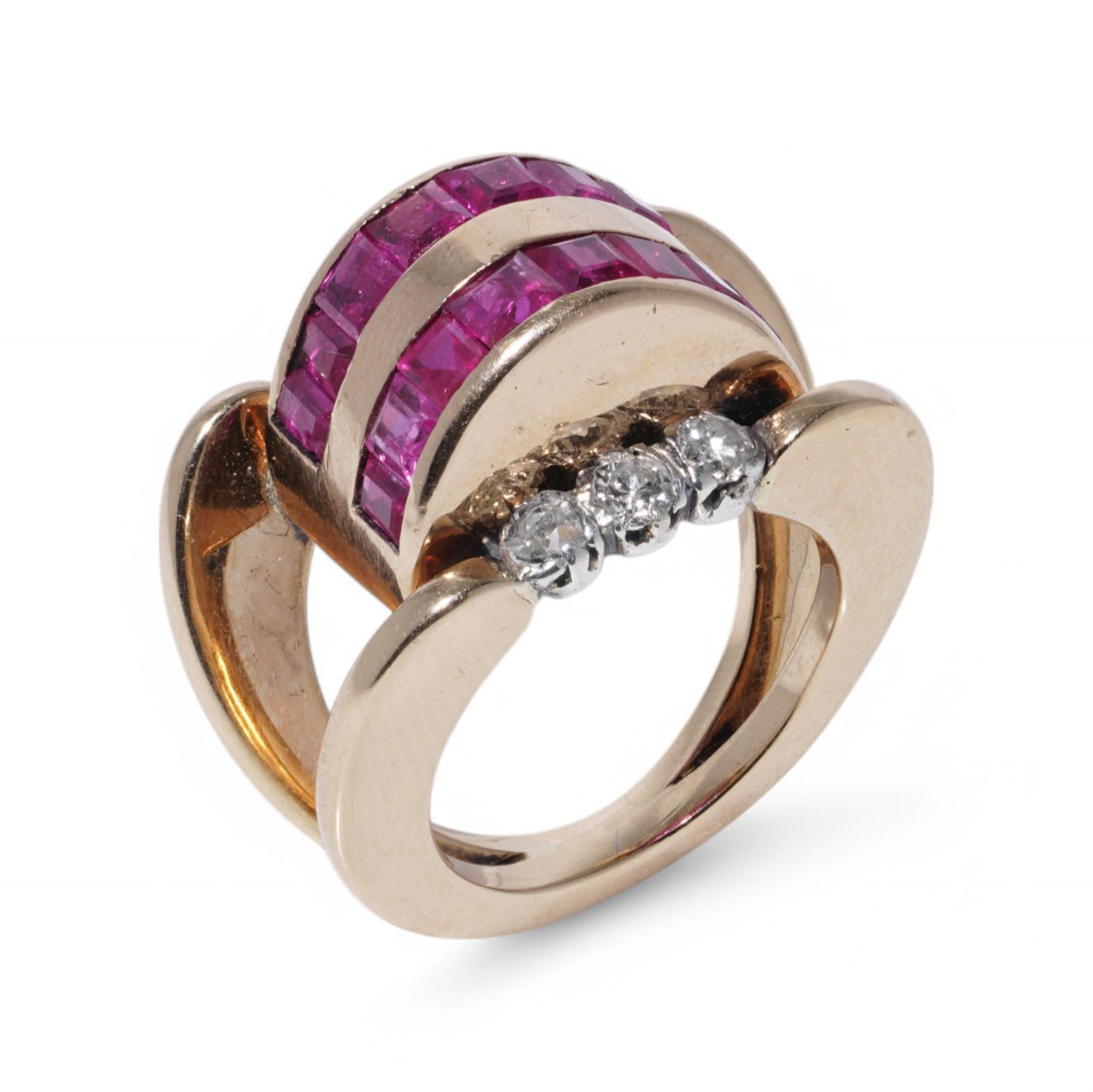 Retro 18K Gold, Silver, Ruby, and Diamond Ring For Sale 2